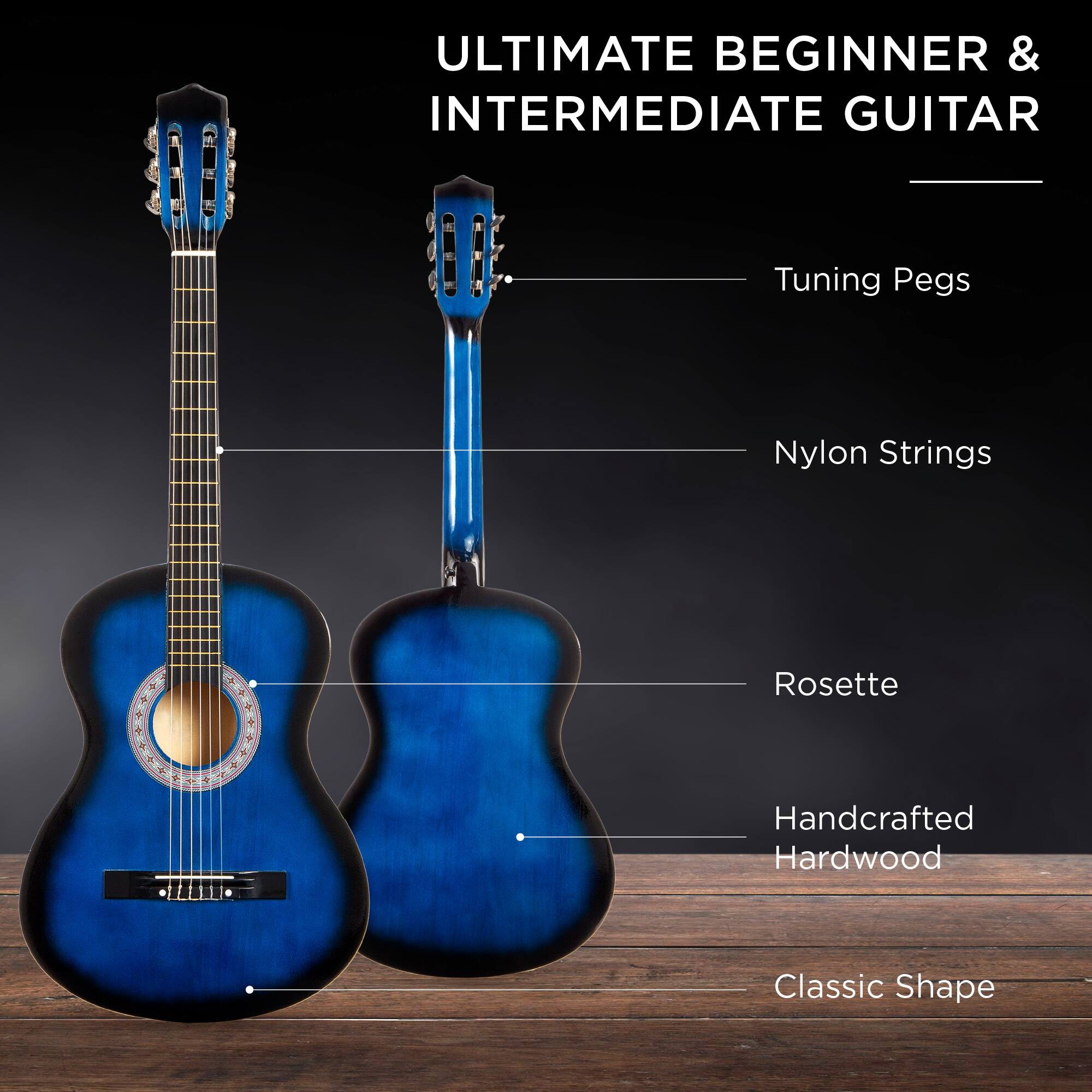 ULTIMATE BEGINNER & INTERMEDIATE GUITAR

- Tuning Pegs
- Nylon Strings
- Rosette
- Handcrafted Hardwood
- Classic Shape