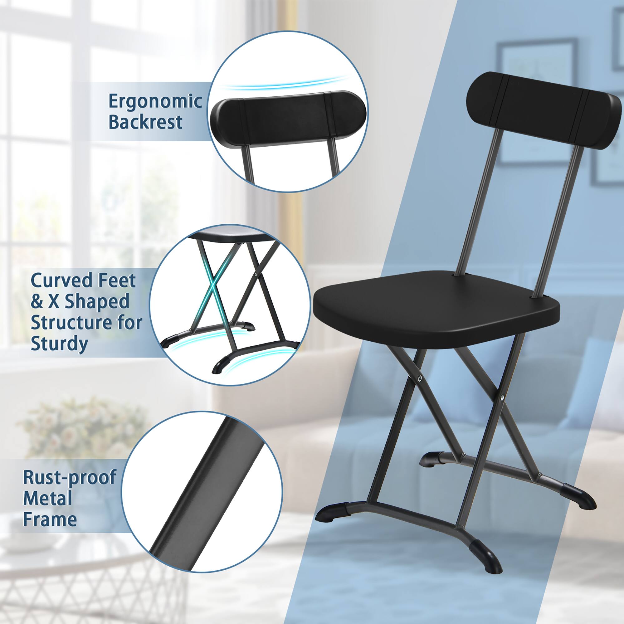 Ergonomic Backrest

Curved Feet & X Shaped Structure for Sturdy

Rust-proof Metal Frame