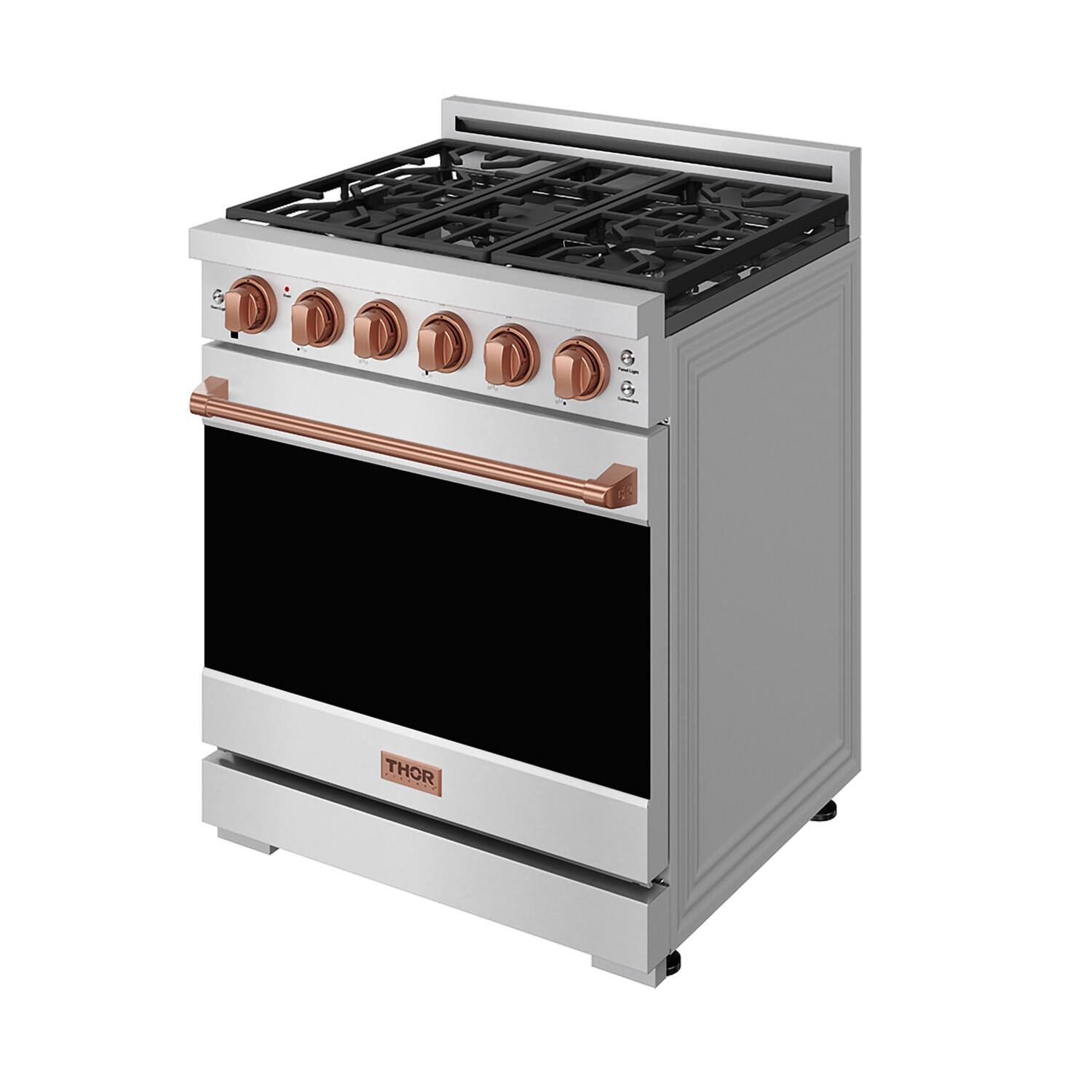 Back. Thor Kitchen - Gordon Ramsay Series by Thor Kitchen 4.55 Cu. Ft Freestanding Gas Range with Rose Gold Hardware - Stainless Steel.