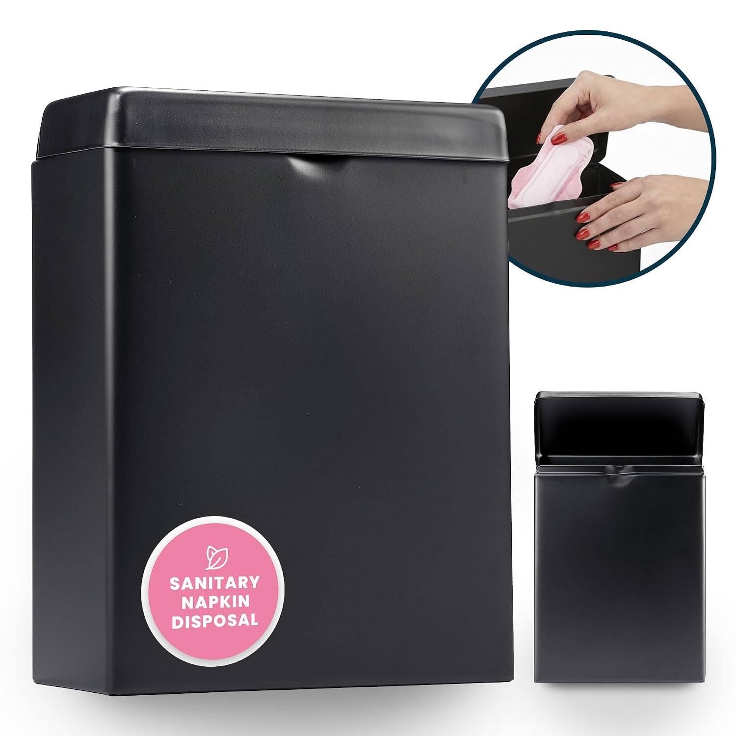 Alpine Industries - Stainless Steel Wall-Mounted Sanitary Napkin Receptacle Trash Can - Black