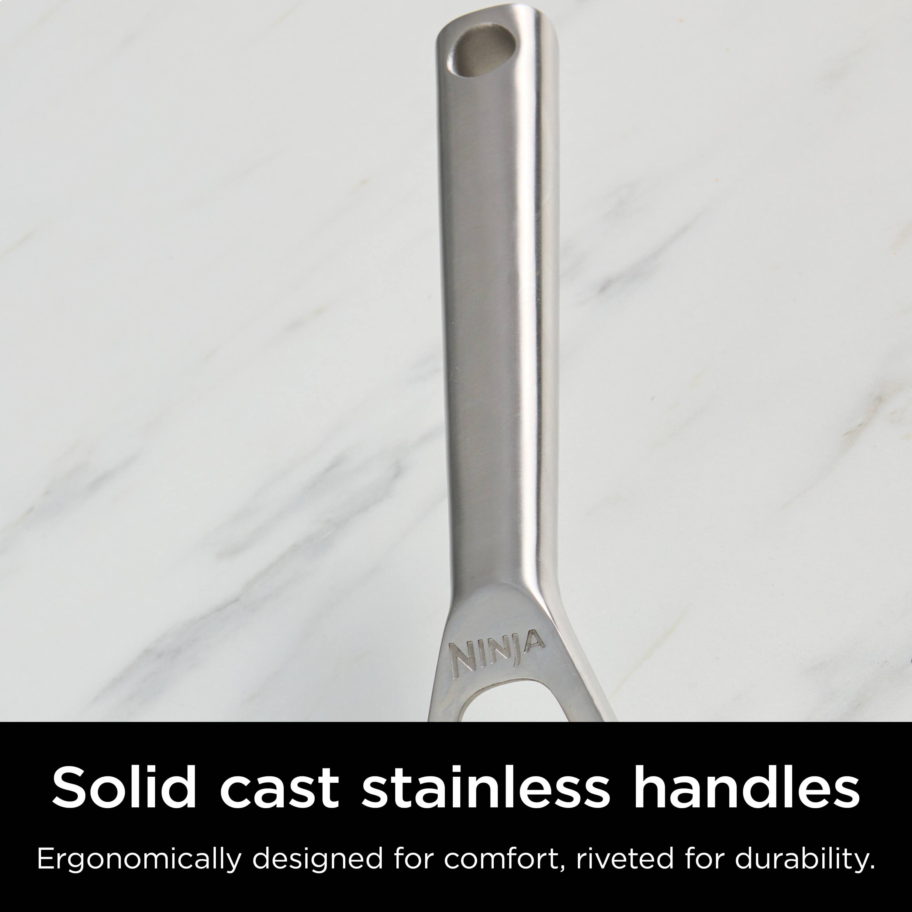 Solid cast stainless handles  
Ergonomically designed for comfort, riveted for durability.