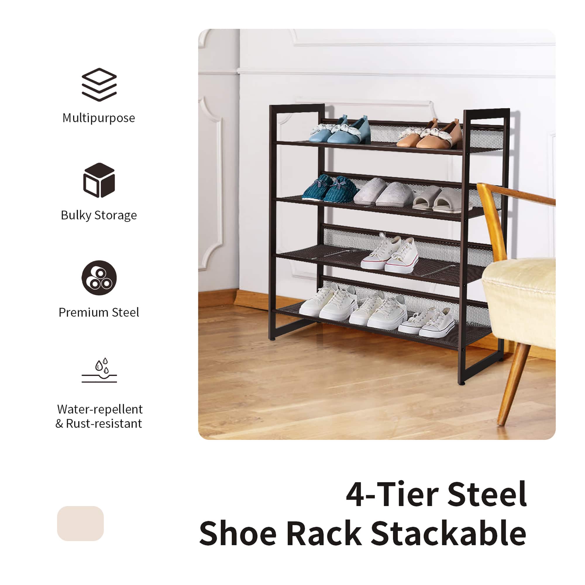 The text on the image reads: "Multipurpose M Bulky Storage Premium Steel Water-repellent & Rust-resistant 4-Tier Steel Shoe Rack Stackable."