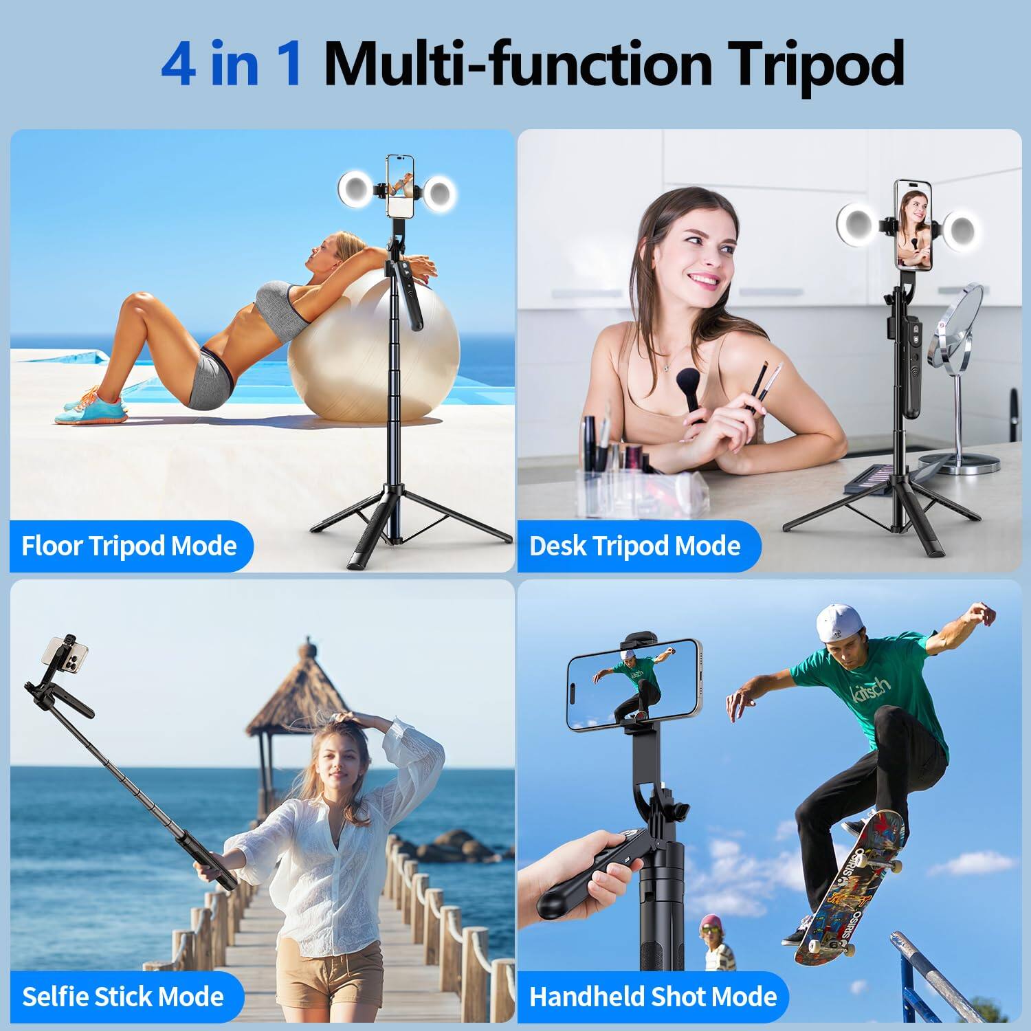 4 in 1 Multi-function Tripod

- Floor Tripod Mode
- Desk Tripod Mode
- Selfie Stick Mode
- Handheld Shot Mode