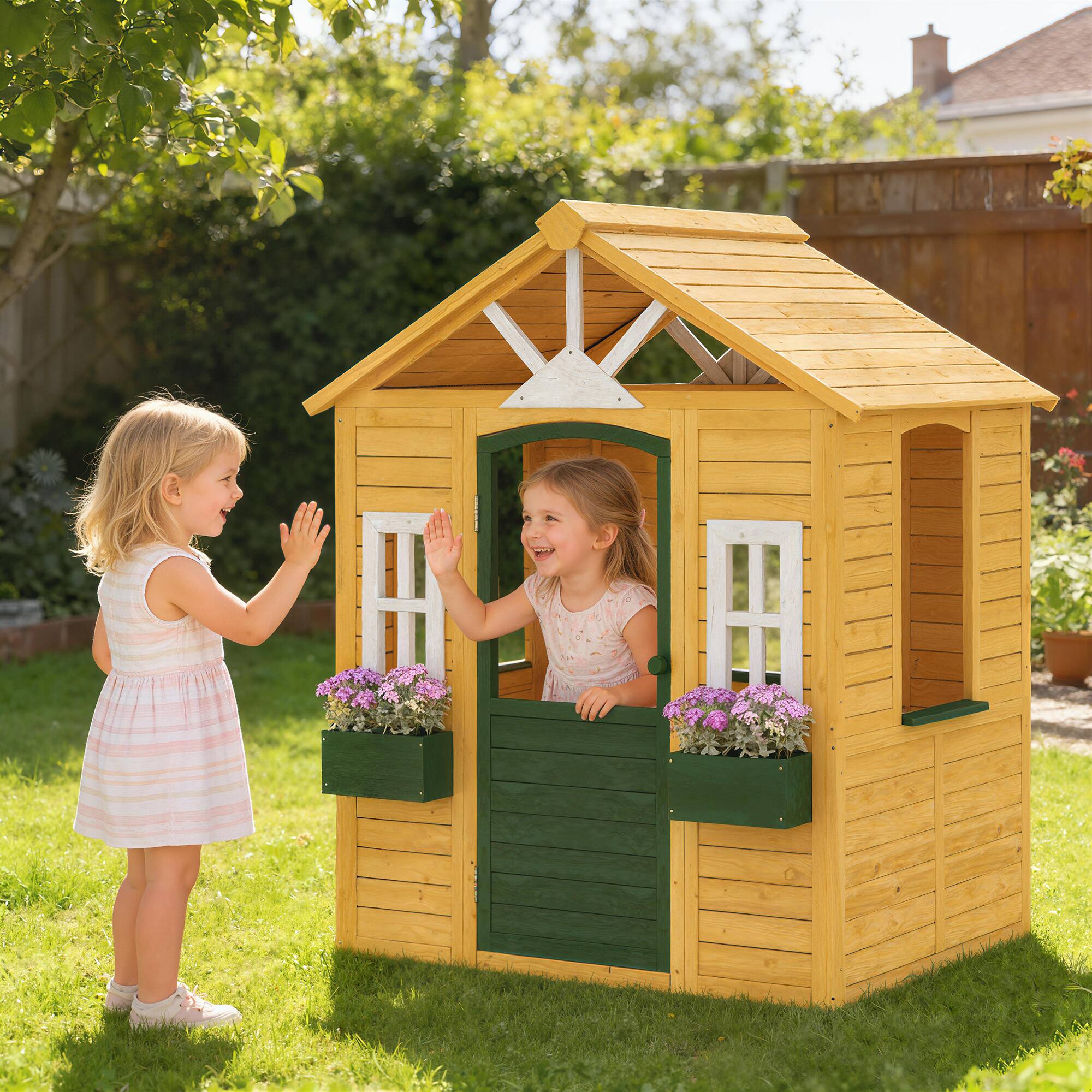 Alt View 1. Qaba - Playhouse, Wooden Kids Playhouse with Door, 3 Windows, 2 Flower Boxes for Garden, Indoor Playroom - Brown.