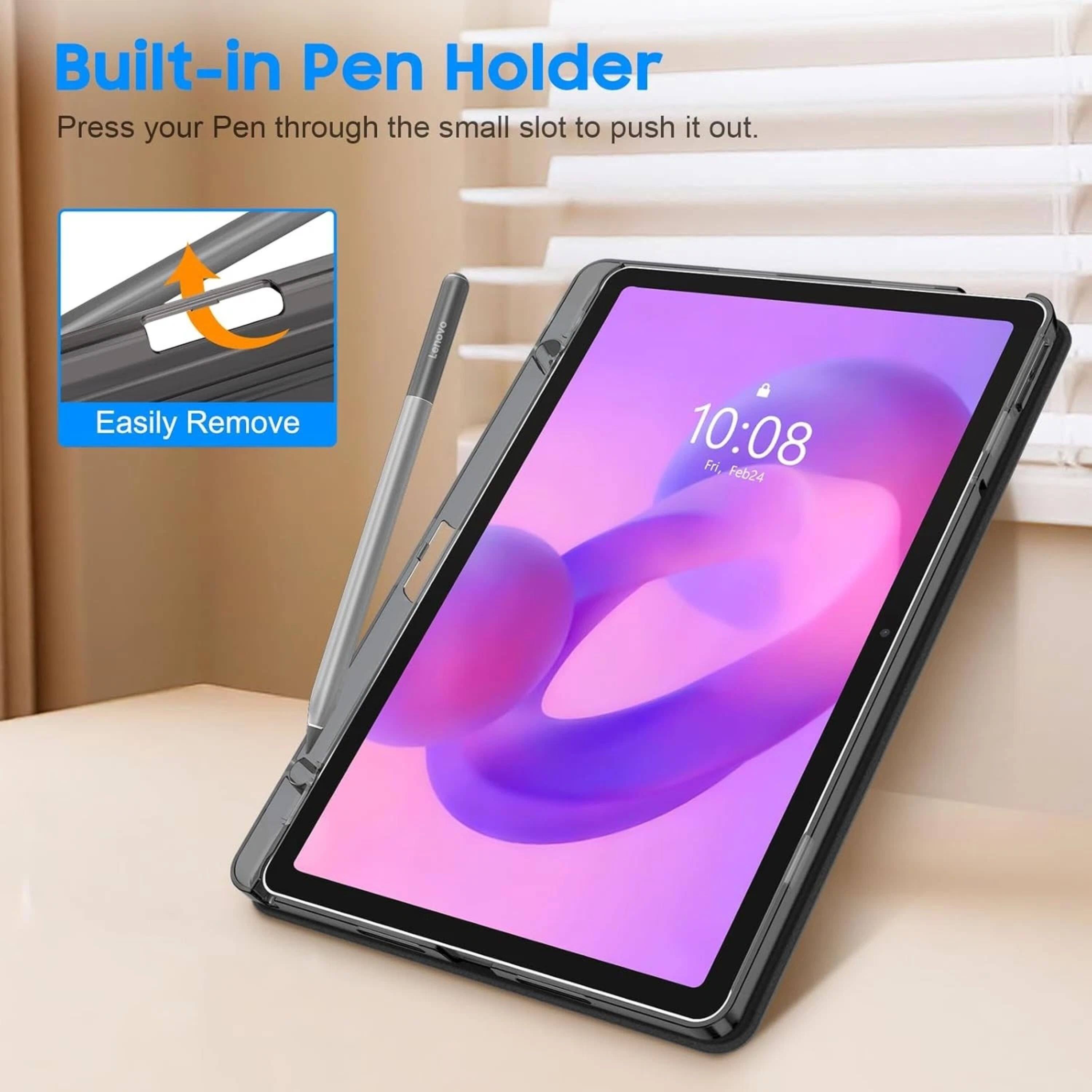 Built-in Pen Holder  
Press your Pen through the small slot to push it out.  
Easily Remove  

10:08  
Fri, Feb 24