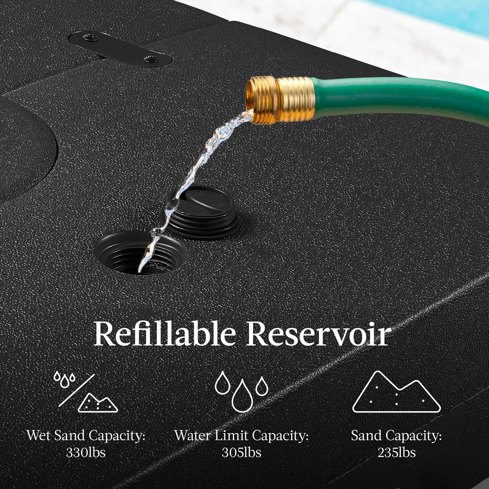 Refillable Reservoir Wet Sand Capacity: 330lbs  
Water Limit Capacity: 305lbs  
Sand Capacity: 235lbs