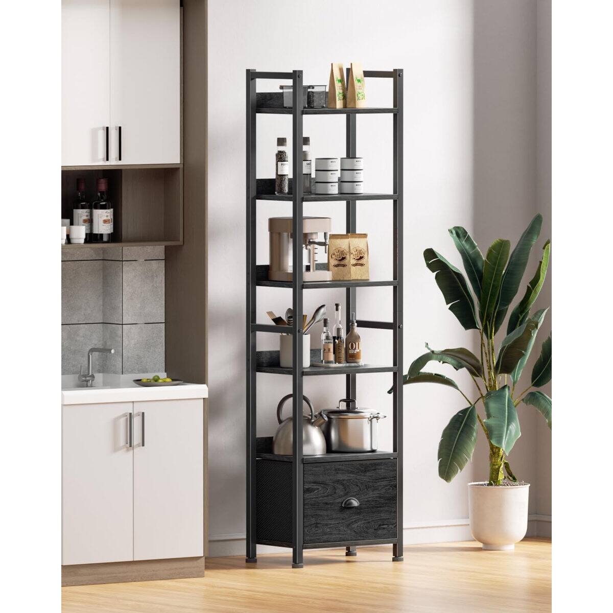 Alt View 1. Furnulem - 6 Tier Industrial Storage Bookshelf with Fabric Drawer for Bedroom Living Room Home Office - Black.
