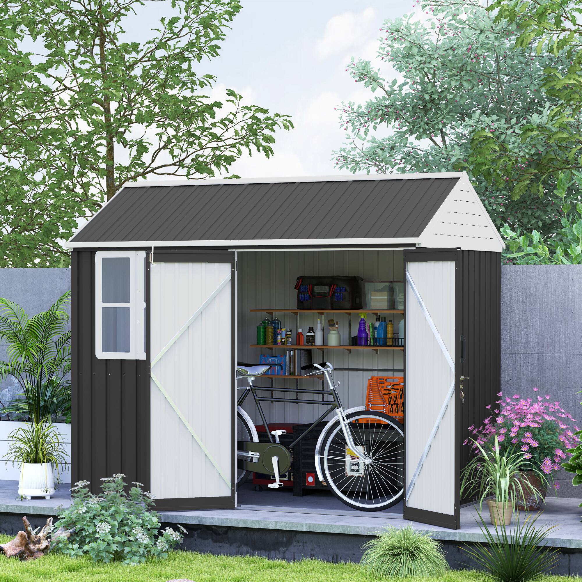 Front. Outsunny - 8' x 6' Outdoor Storage Shed, Metal Garden Shed with Window & Double Lockable Door, Outdoor Tool Shed Storage.