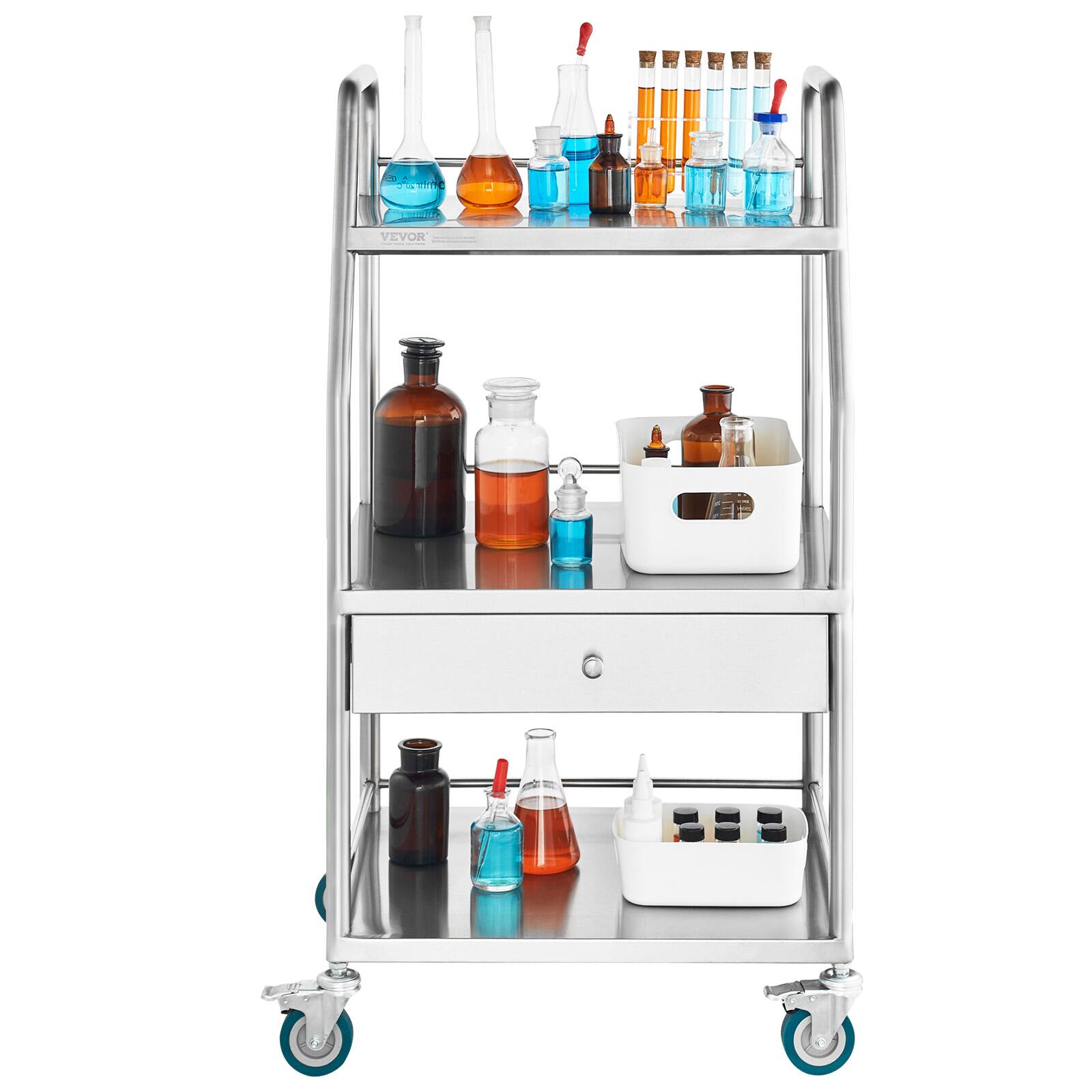 Alt View 5. VEVOR - Lab Serving Cart, 3 Layers Stainless Steel Rolling Cart, Medical Cart with A Drawer, Utility Cart with Lockable Wheels - Silver.