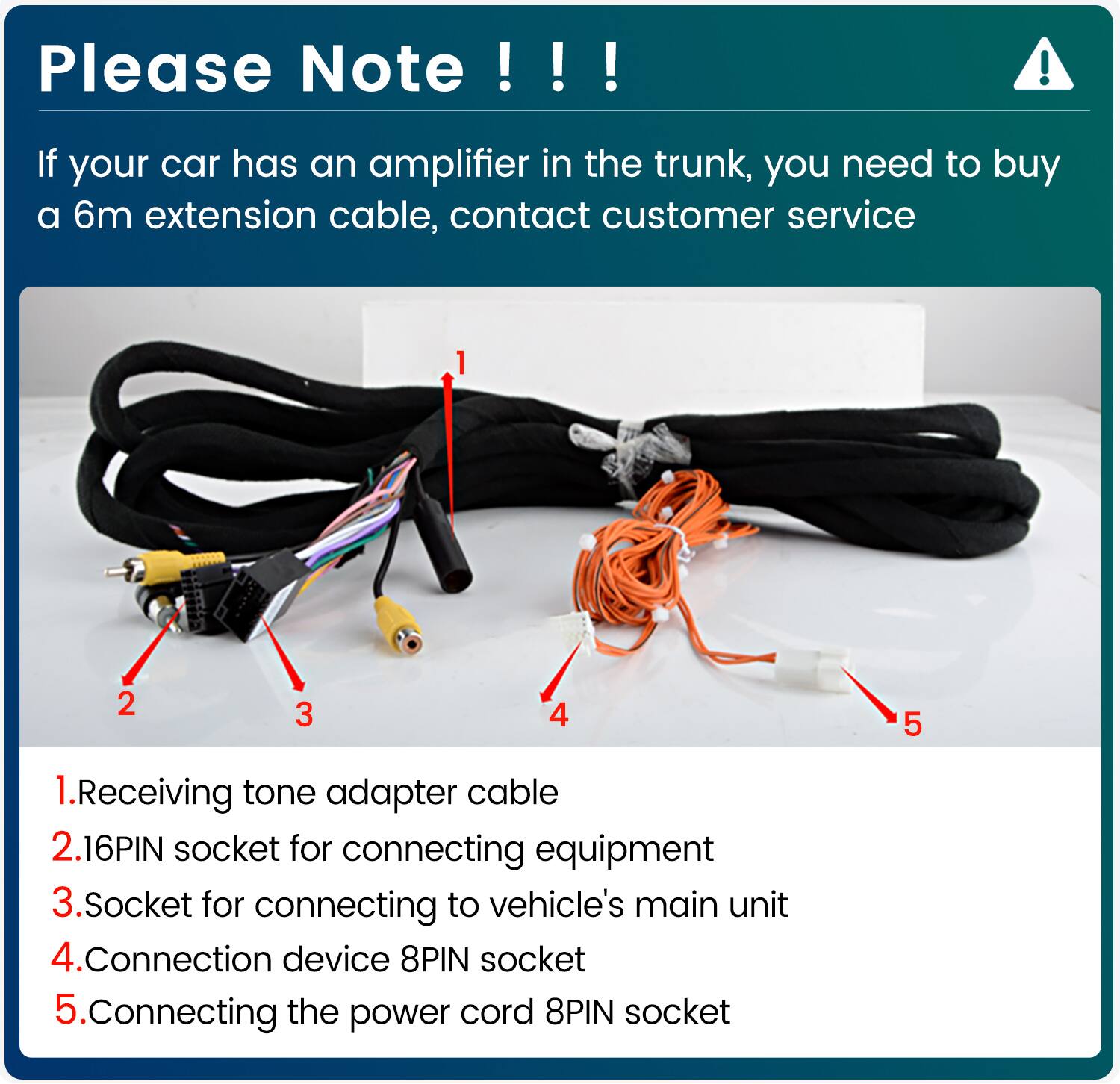 Please Note !!!  
If your car has an amplifier in the trunk, you need to buy a 6m extension cable, contact customer service

1. Receiving tone adapter cable  
2. 16PIN socket for connecting equipment  
3. Socket for connecting to vehicle's main unit  
4. Connection device 8PIN socket  
5. Connecting the power cord 8PIN socket