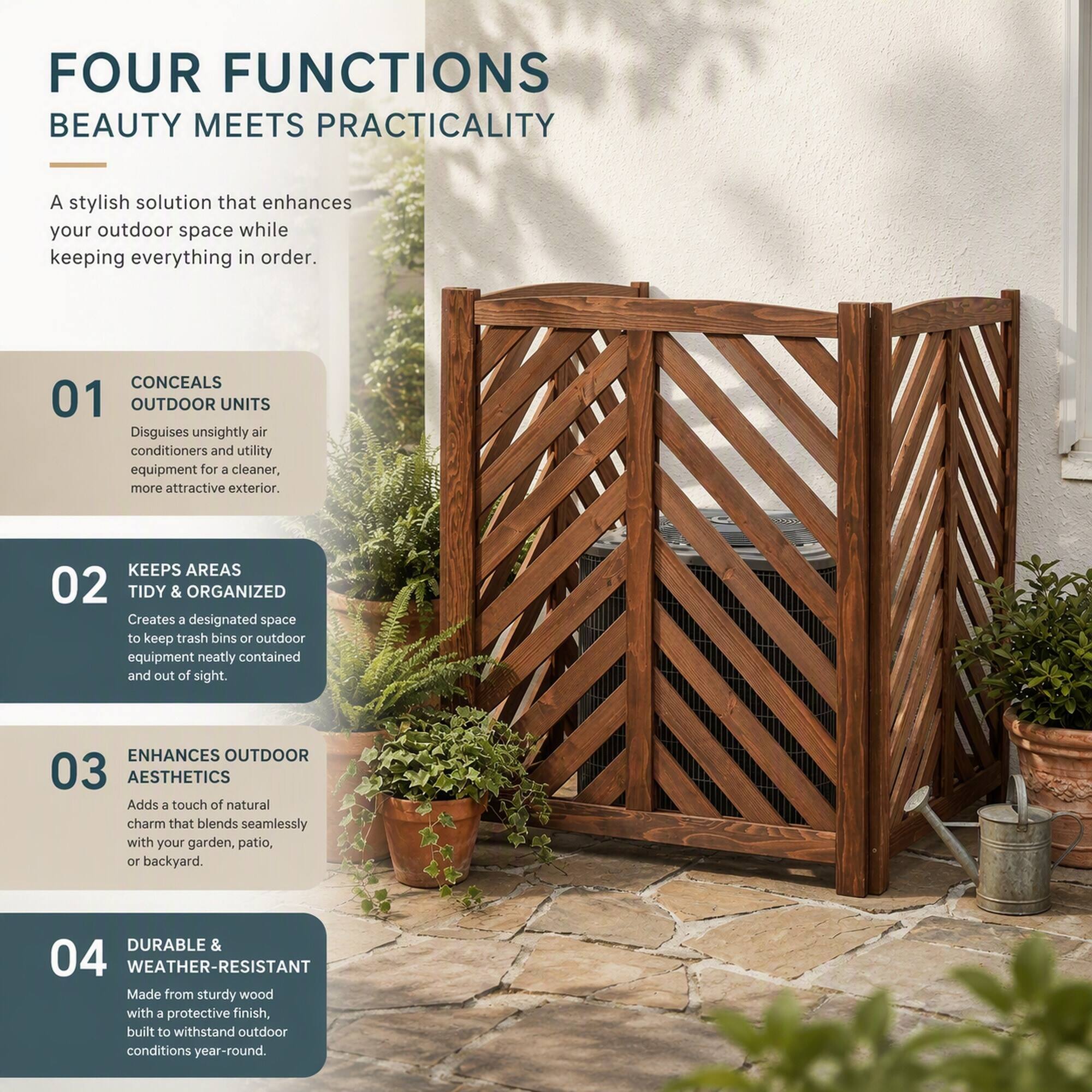 FOUR FUNCTIONS  
BEAUTY MEETS PRACTICALITY

A stylish solution that enhances your outdoor space while keeping everything in order.

01 CONCEALS OUTDOOR UNITS  
Disguises unsightly air conditioners and utility equipment for a cleaner, more attractive exterior.

02 KEEPS AREAS TIDY & ORGANIZED  
Creates a designated space to keep trash bins or outdoor equipment neatly contained and out of sight.

03 ENHANCES OUTDOOR AESTHETICS  
Adds a touch of natural charm that blends seamlessly with your garden, patio, or backyard.

04 DURABLE & WEATHER-RESISTANT  
Made from sturdy wood with a protective finish, built to withstand outdoor conditions year-round.