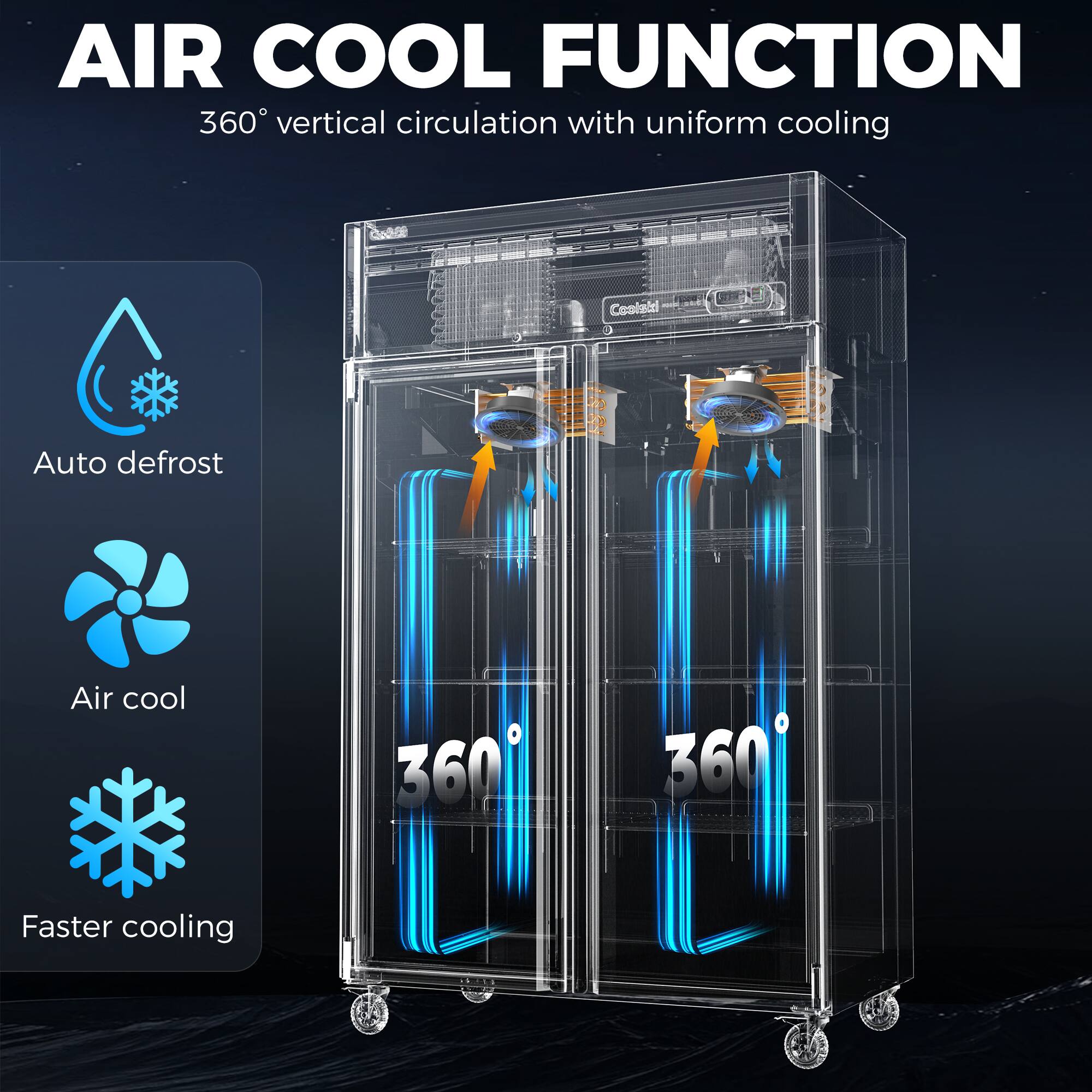 AIR COOL FUNCTION  
360° vertical circulation with uniform cooling  

- Auto defrost  
- Air cool  
- Faster cooling