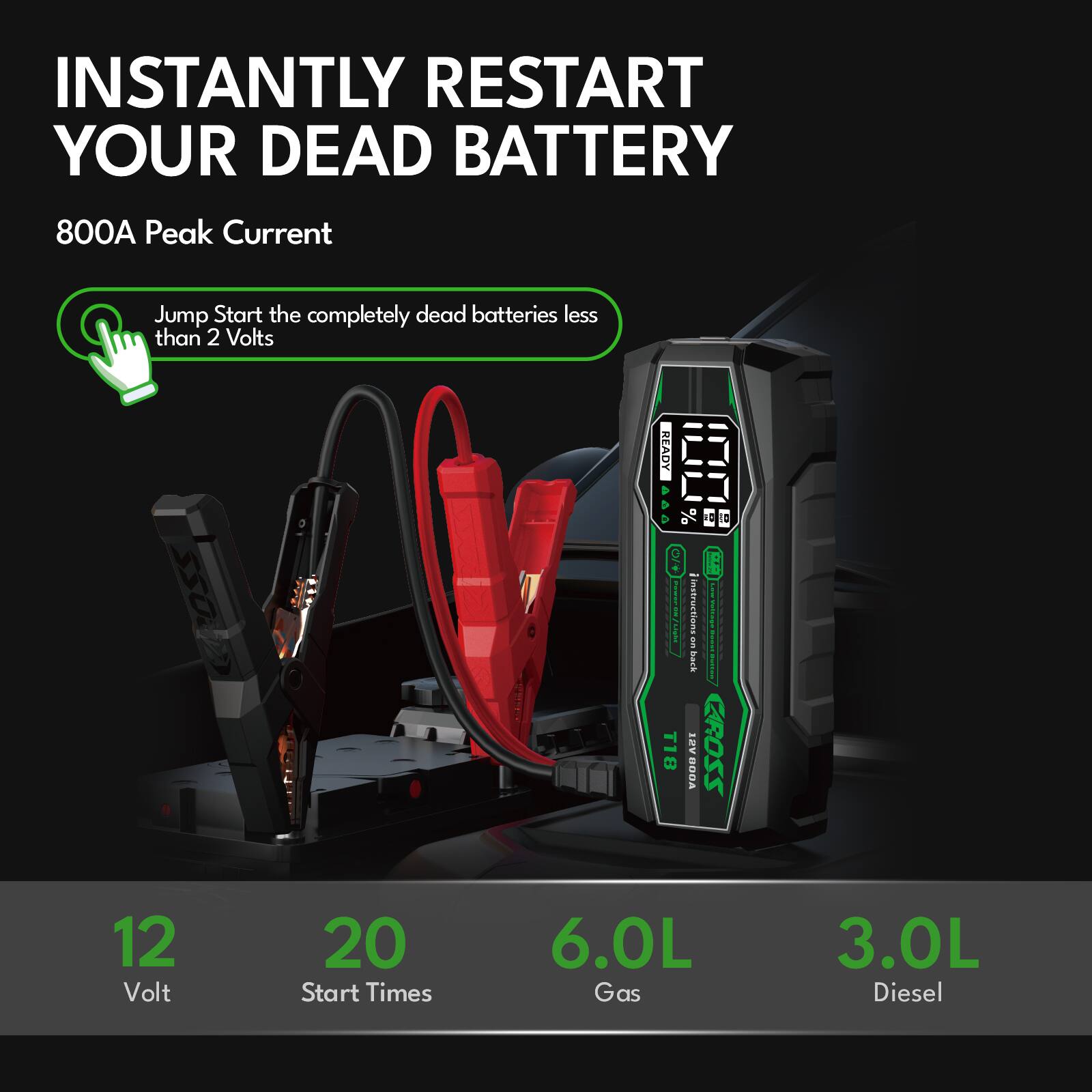 INSTANTLY RESTART YOUR DEAD BATTERY

800A Peak Current

Jump Start the completely dead batteries less than 2 Volts

12 Volt

20 Start Times

6.0L Gas

3.0L Diesel