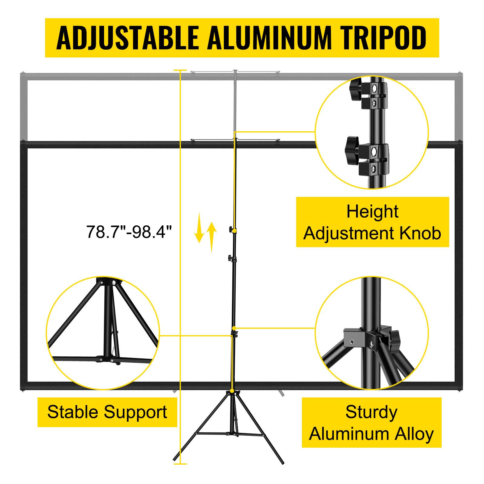 ADJUSTABLE ALUMINUM TRIPOD

78.7"-98.4"

Height Adjustment Knob

Stable Support

Sturdy Aluminum Alloy