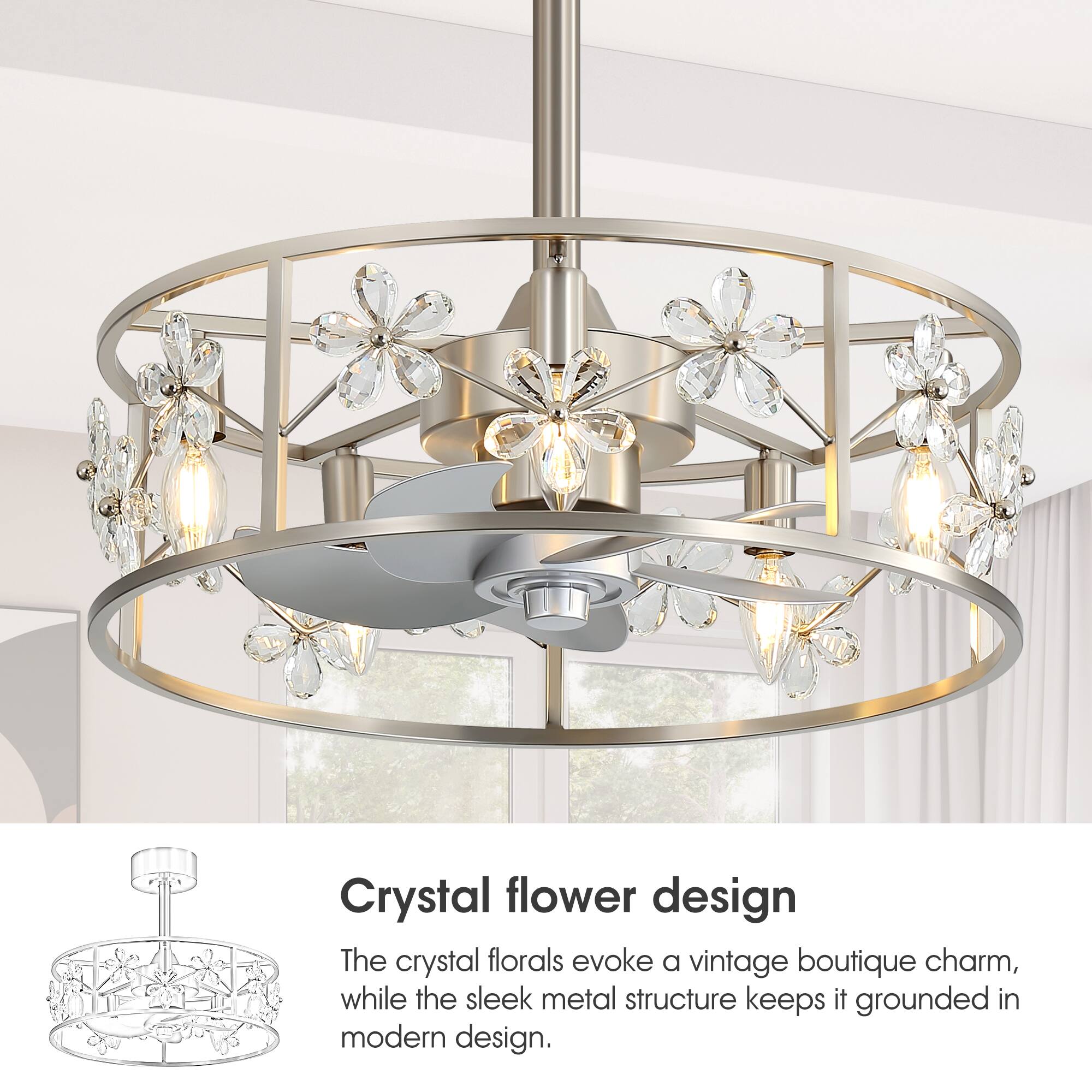 Crystal flower design

The crystal florals evoke a vintage boutique charm, while the sleek metal structure keeps it grounded in modern design.