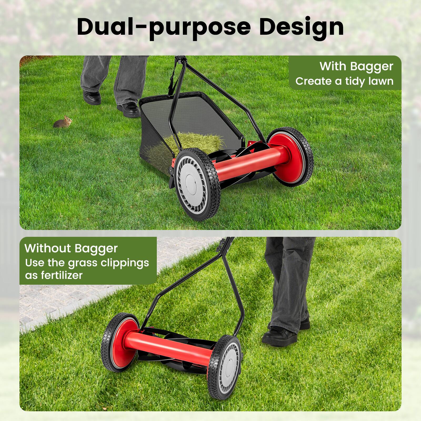 Dual-purpose Design

With Bagger
Create a tidy lawn

Without Bagger
Use the grass clippings as fertilizer