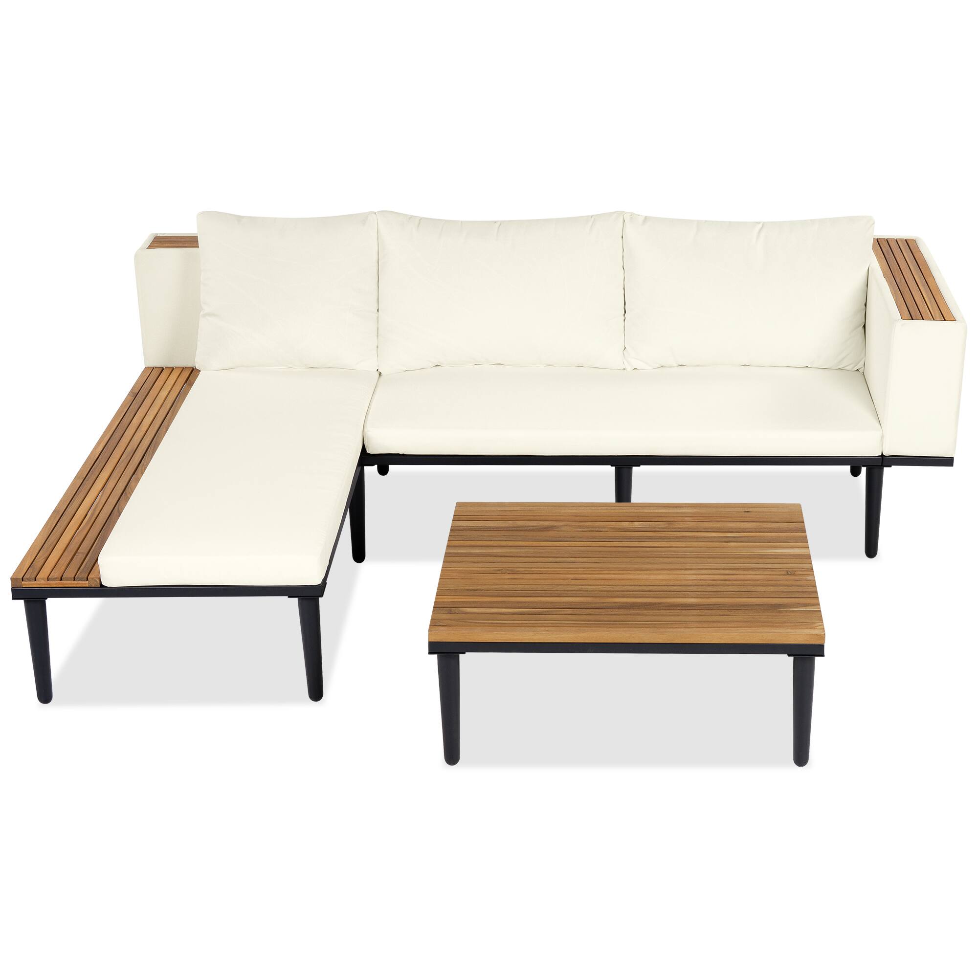 Left. Whisen - L-Shaped Acacia Wood Outdoor Sectional Sofa Set with Coffee Table, Patio Conversation Set for 6-Person Seating - Beige.