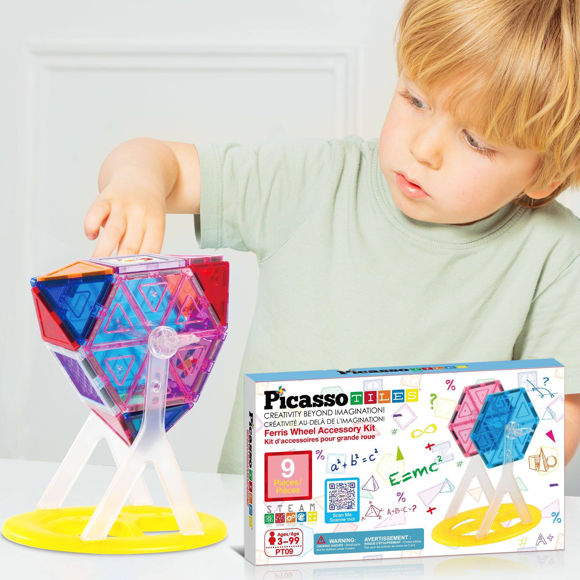 Picasso TILES  
CREATIVITY BEYOND IMAGINATION!  
CRATIVITÉ AU-DELA DE L'IMAGINATION  
Wheel Accessory Kit  
Ferris grande roue  
Kit d'accessoires pour grande roue  

STEAM  
E=mc²  
a² + b² = c²  
A + B - C = ?  

AVERTISSEMENT  
WARNING:  
CHOKING HAZARD - Small parts. Not for children under 3 years.  
PT09  

9 Pieces  
Pièces  

Ages 3-99  
Age 3-99