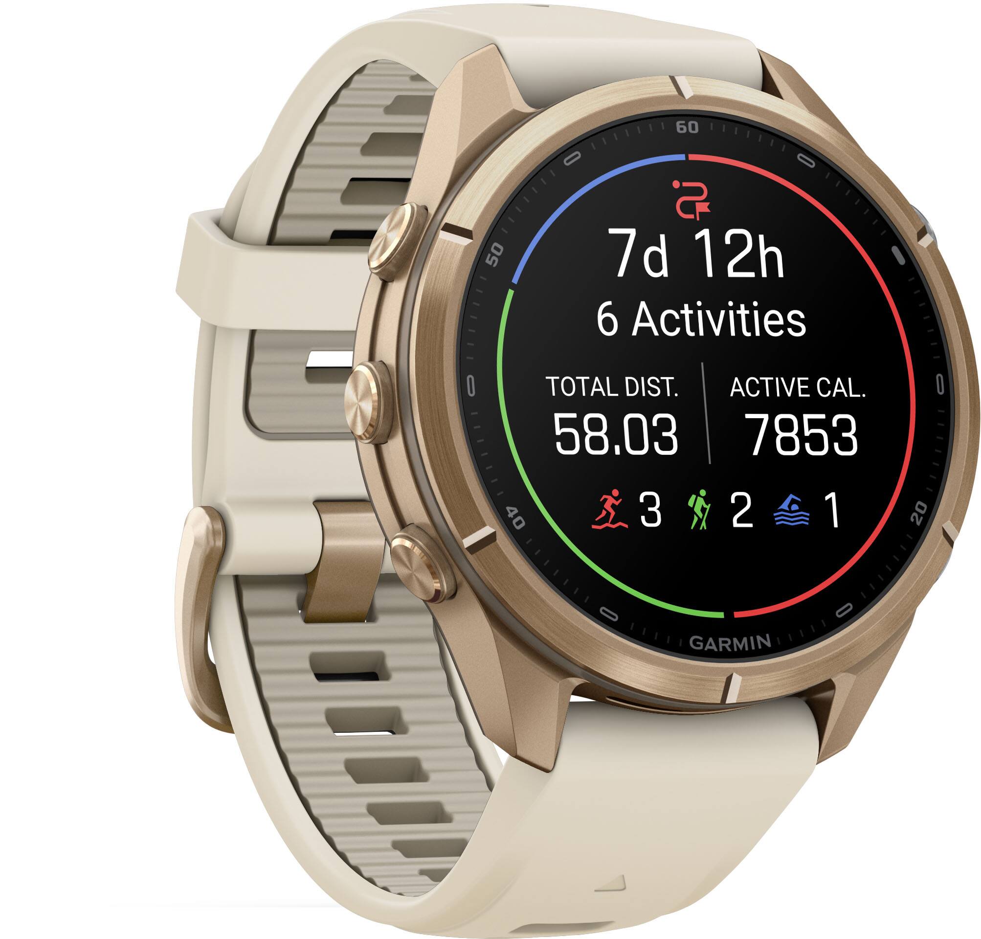 60  
50  
7d 12h 6 Activities  
0  
TOTAL DIST. ACTIVE CAL. 58.03 7853 40 3 2 1  
GARMIN