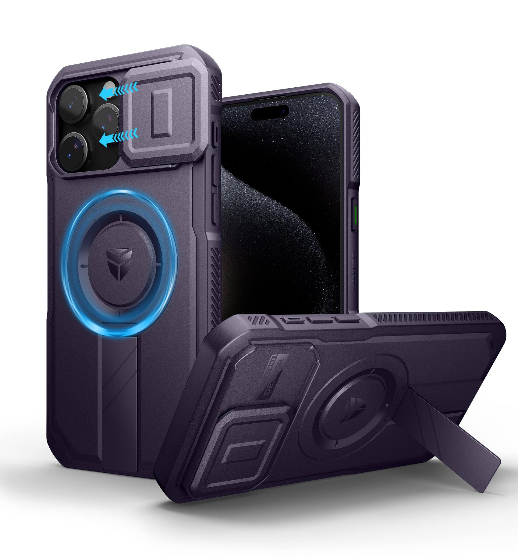 Angle. Dexnor - Phone Case for iPhone 15 Pro Max with Slide Camera Cover, Compatible with MagSafe Heavy-Duty Rugged Magnetic Shockproof - Phantom Purple.
