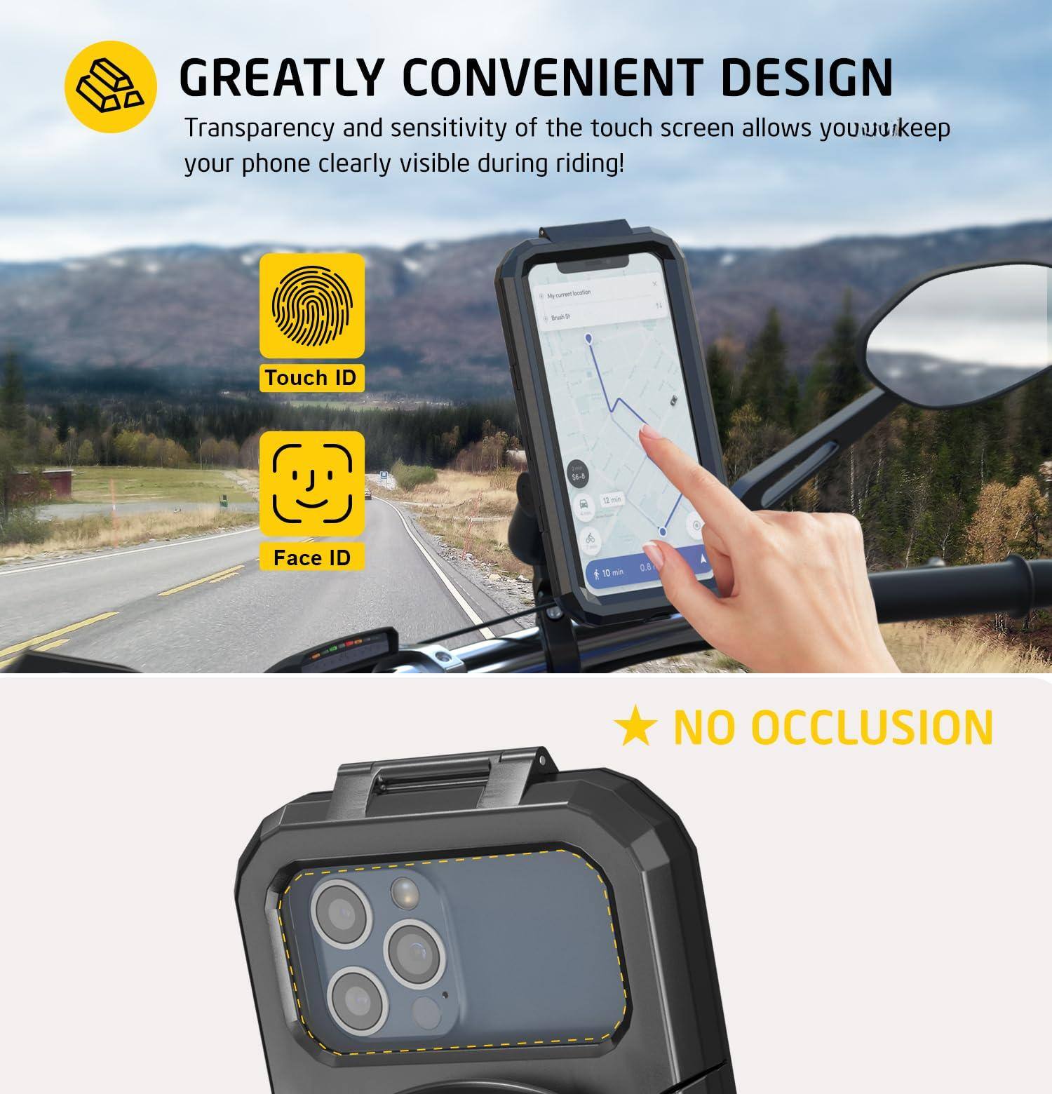 **GREATLY CONVENIENT DESIGN**

Transparency and sensitivity of the touch screen allows you to keep your phone clearly visible during riding!

- Touch ID
- Face ID

**NO OCCCLUSION**
