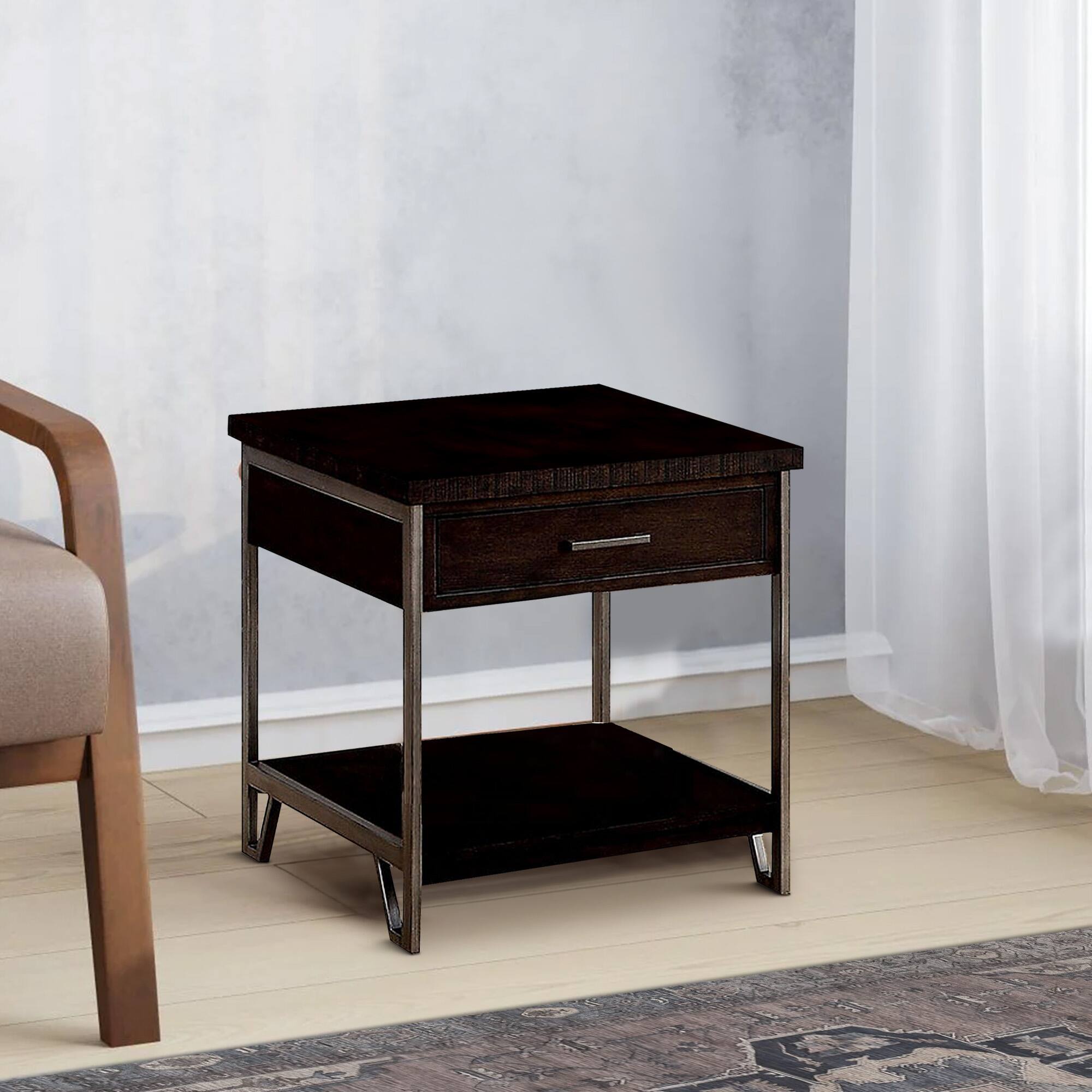 Alt View 5. Manhattan Lane - 1 Drawer Wooden End Table with Metal Frame - Brown.