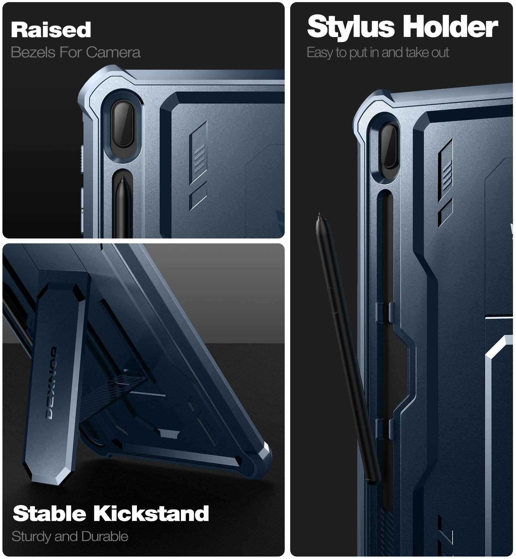 Raised Bezels For Camera  
Stylus Holder  
Easy to put in and take out  
Stable Kickstand  
Sturdy and Durable