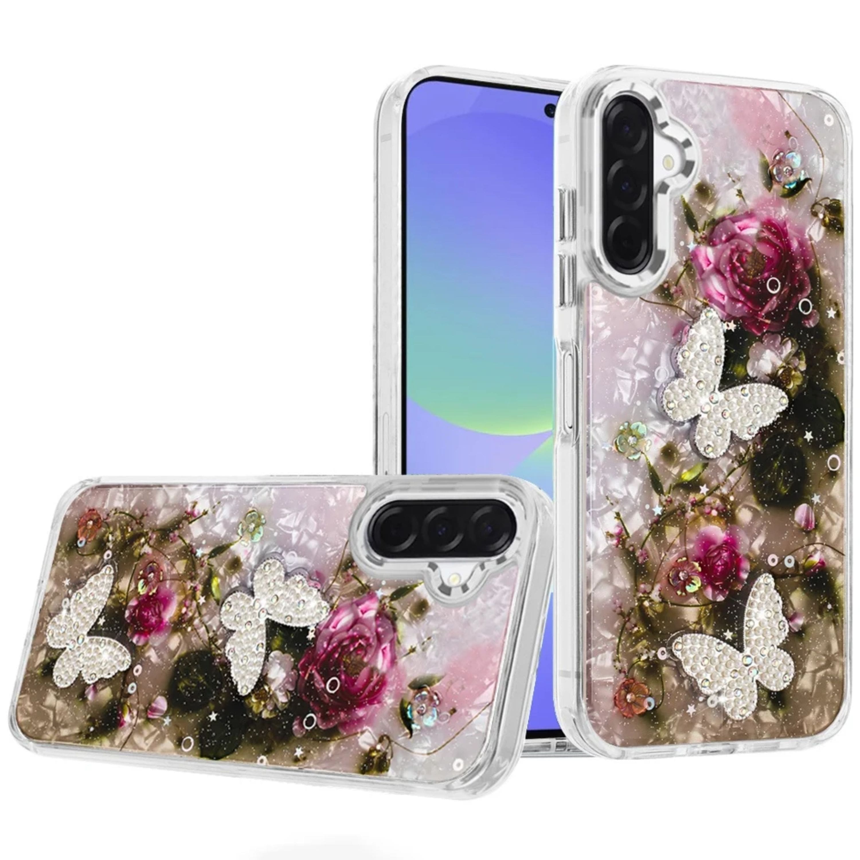 Kitcheniva - Epoxy Glitter 3D Beaded Butterflies Plus Tempered Glass For Samsung A37 C - Multicolor