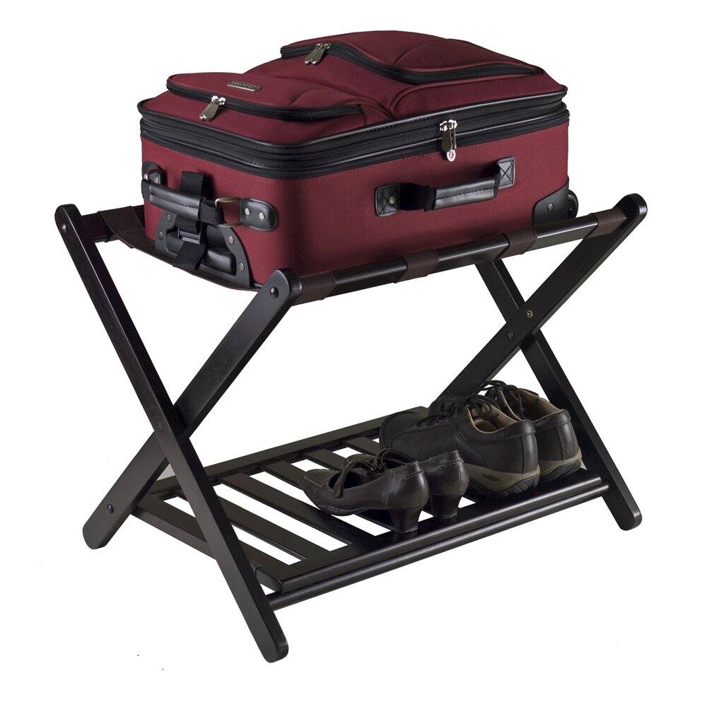 Left. FurniFact - Foldable Luggage Rack with Shelf - Espresso.