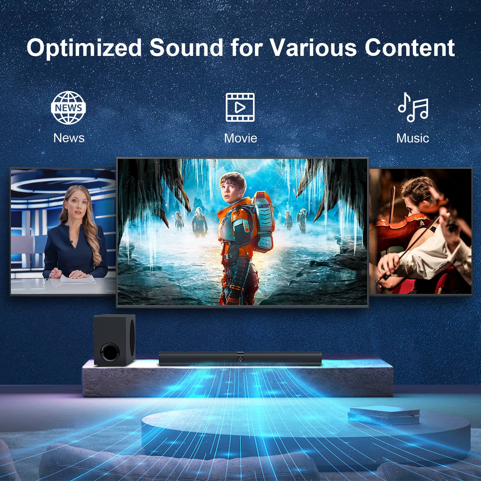 Optimized Sound for Various Content

- News
- Movie
- Music