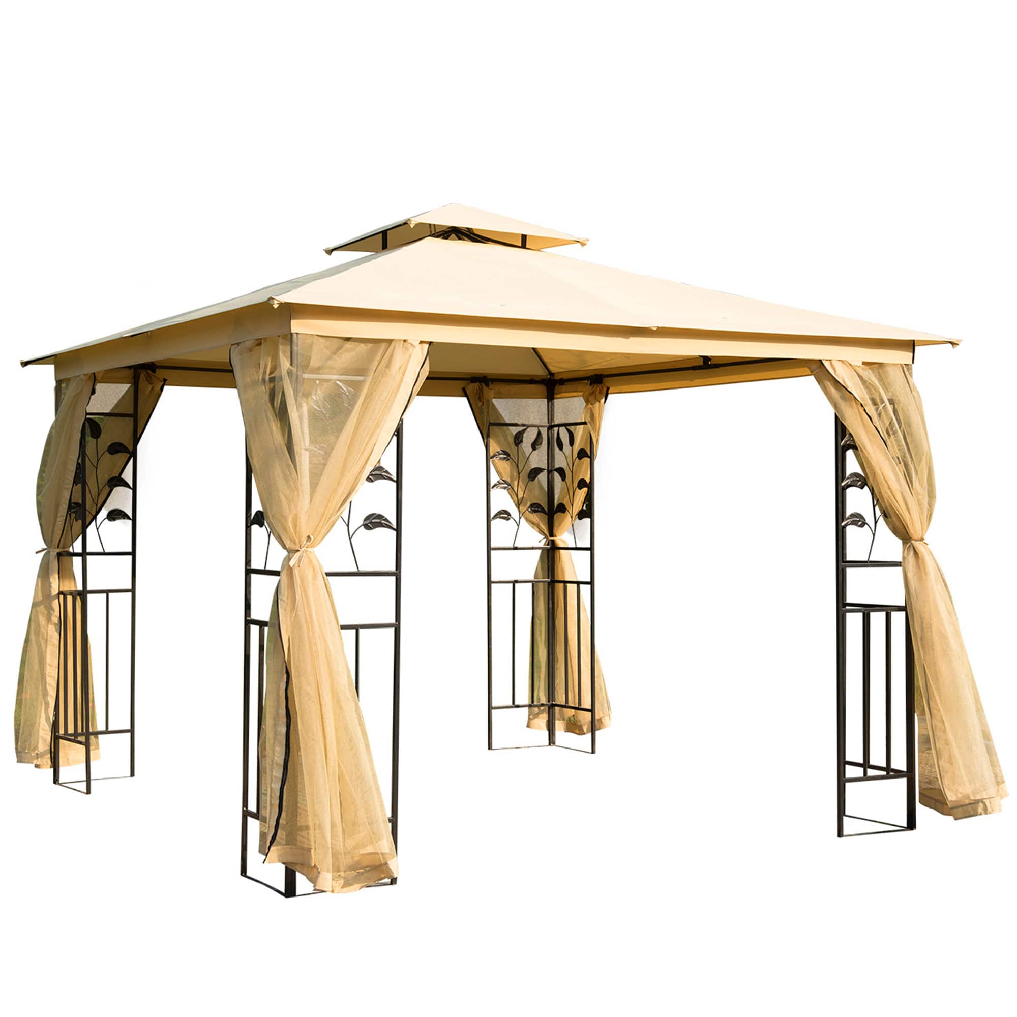 Front. Outsunny -  10' x 10' Metal Patio Gazebo, Double Roof Outdoor Gazebo Canopy Shelter with Tree Motifs Corner Frame - Beige.