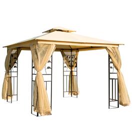 Outsunny - 10' x 10' Metal Patio Gazebo, Double Roof Outdoor Gazebo Canopy Shelter with Tree Motifs Corner Frame - Beige