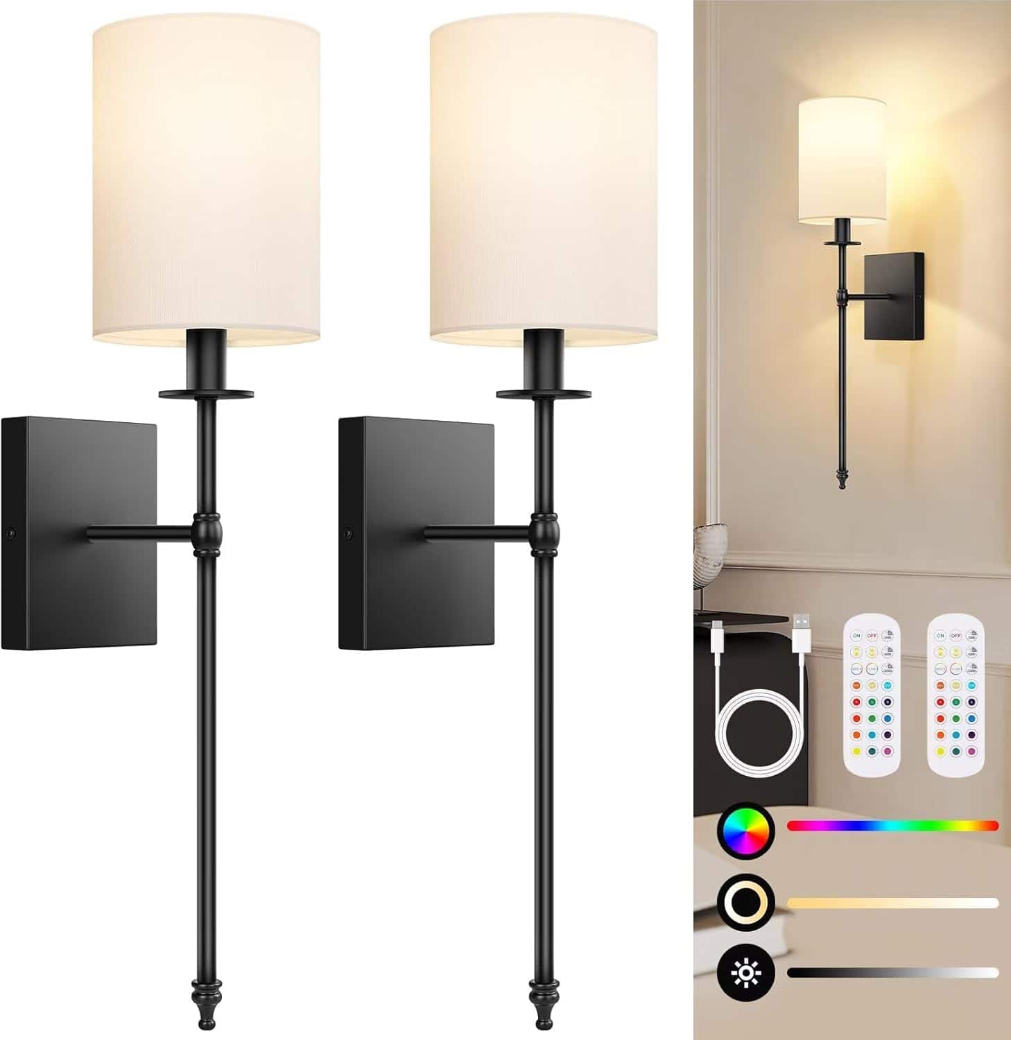 Front. Nordic Hygge - 24.8 Inch Black Battery Operated Wall Sconces Set of 2, Rechargeable Wireless Wall Lights with Remote - Black and White.