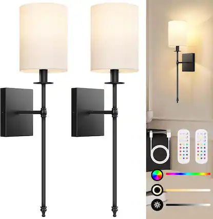Front. Nordic Hygge - 24.8 Inch Black Battery Operated Wall Sconces Set of 2, Rechargeable Wireless Wall Lights with Remote - Black and White.