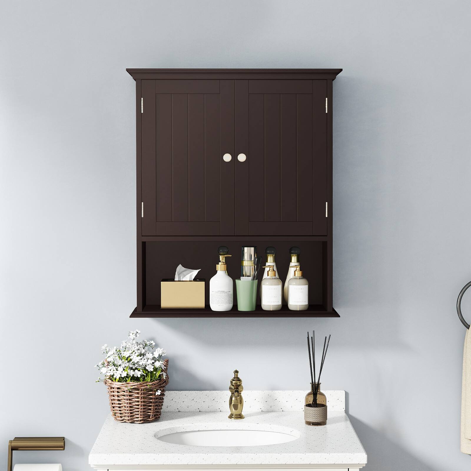 Alt View 1. Costway - Costway Wall Mount Bathroom Cabinet Storage Organizer Medicine Cabinet Brown - Brown.