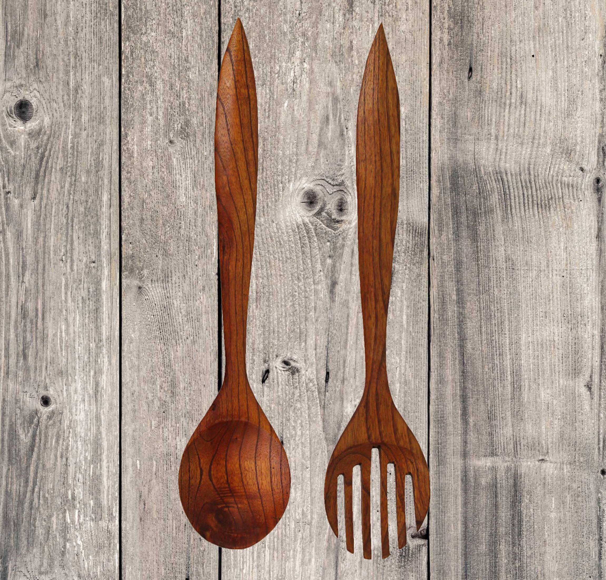 Alt View 3. Zeckos - Set of 2 Modern Minimalist Wooden Fork & Spoon Sculpture Wall Hanging Home Decor - Brown.