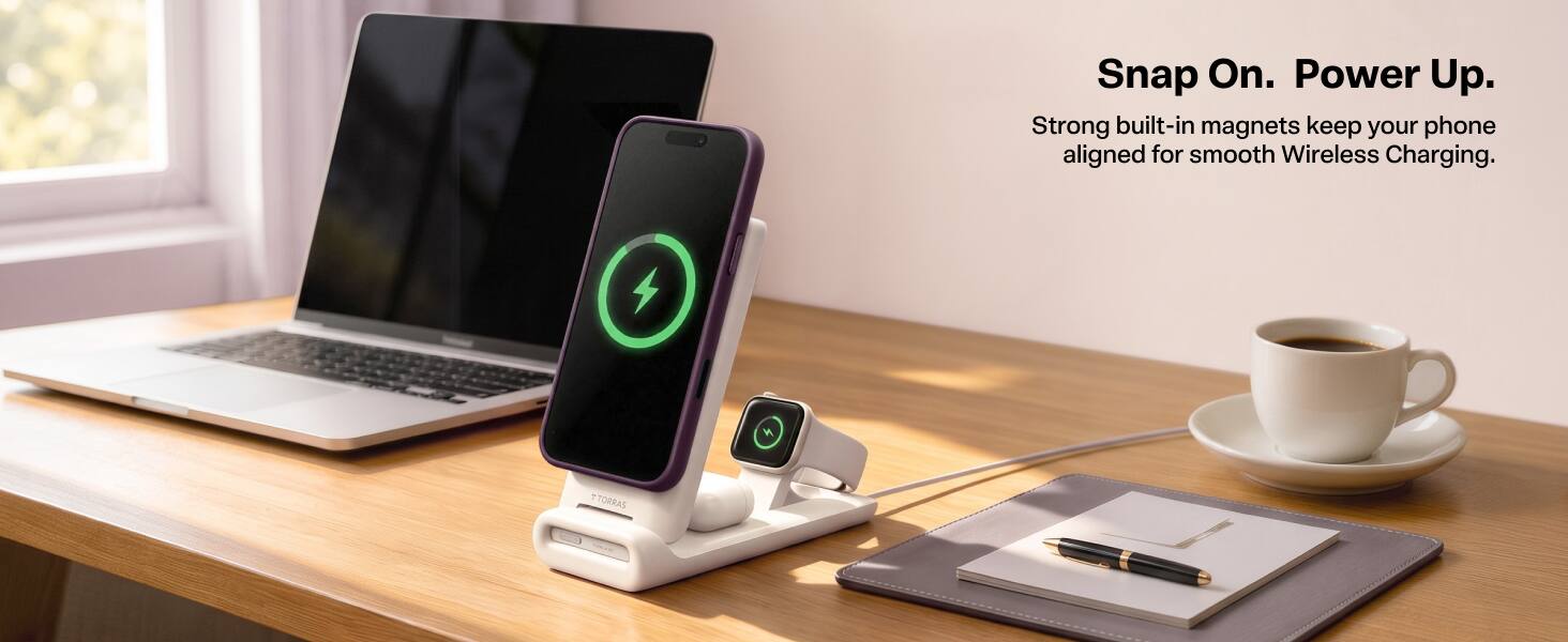 Snap On. Power Up.  
Strong built-in magnets keep your phone aligned for smooth Wireless Charging.