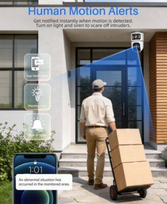 Human Motion Alerts  
Get notified instantly when motion is detected. Turn on light and siren to scare off intruders.  

App Notification  
Warning Lights  
Siren  

1:01  
An abnormal situation has occurred in the monitored area.
