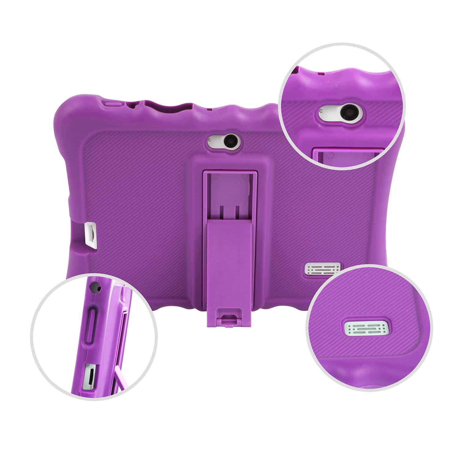 Angle. DirectDeals - Shockproof Silicone Tablet Case with Stand – 7" Snap-On Cover - Purple.