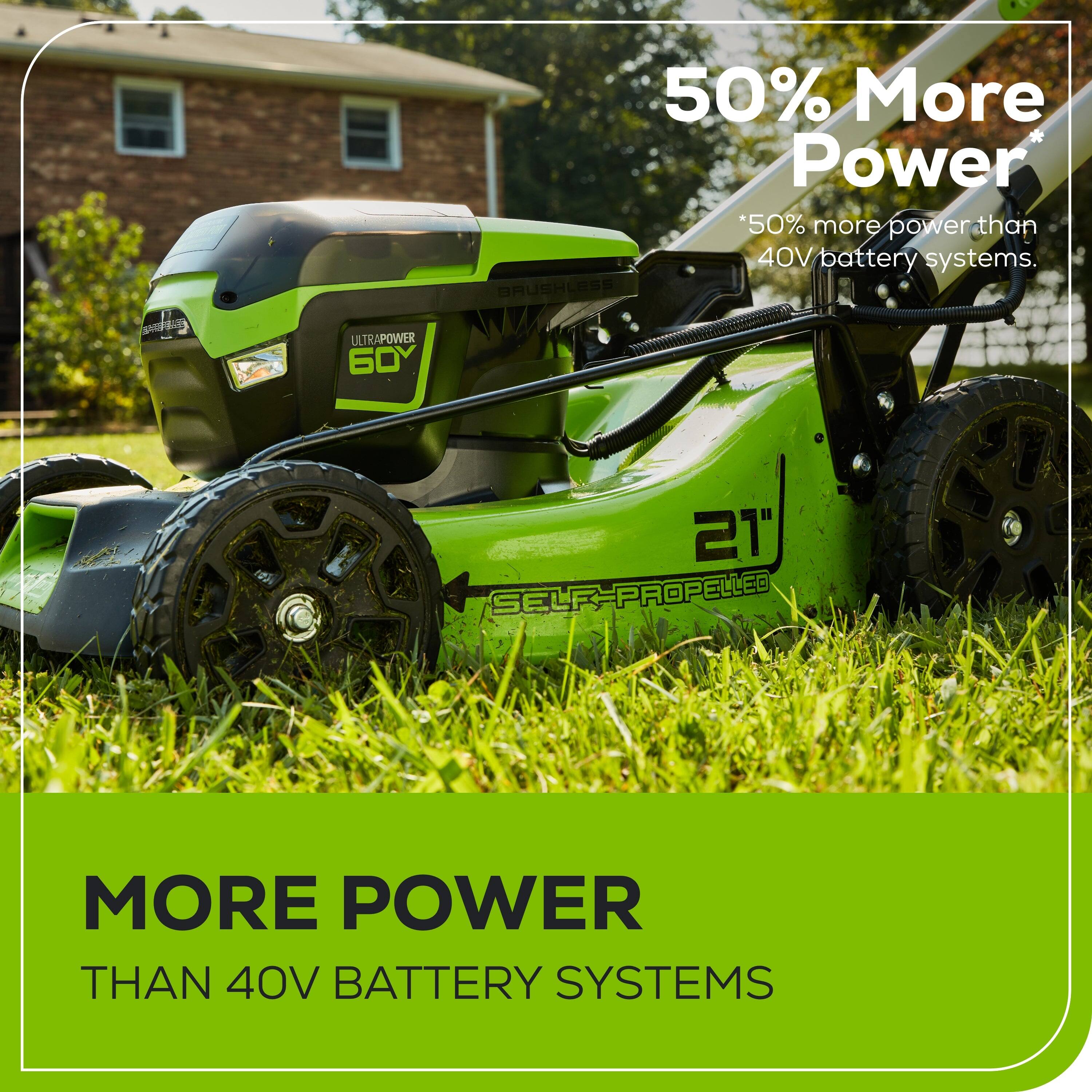 50% More Power  
*50% more power than 40V battery systems.  

ULTRAPOWER 60  
BRUSHLESS  
21"  
SELF-PROPELLED  

MORE POWER THAN 40V BATTERY SYSTEMS