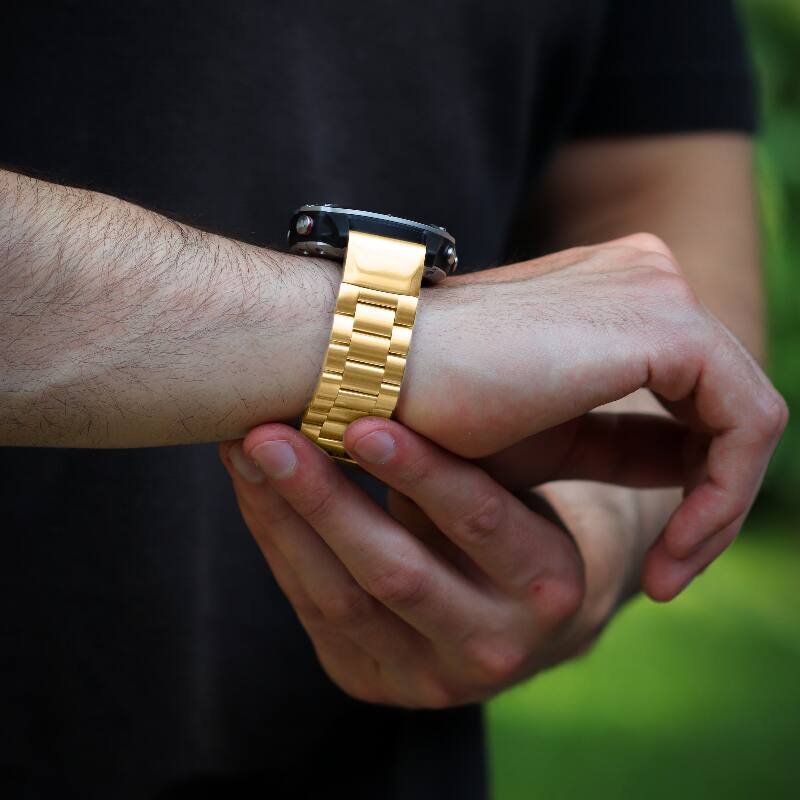 Left. StrapsCo - Link Bracelet QuickFit 22 Stainless Steel Metal Watch Band Strap For Garmin Quatix 8 – 47mm - Yellow Gold.