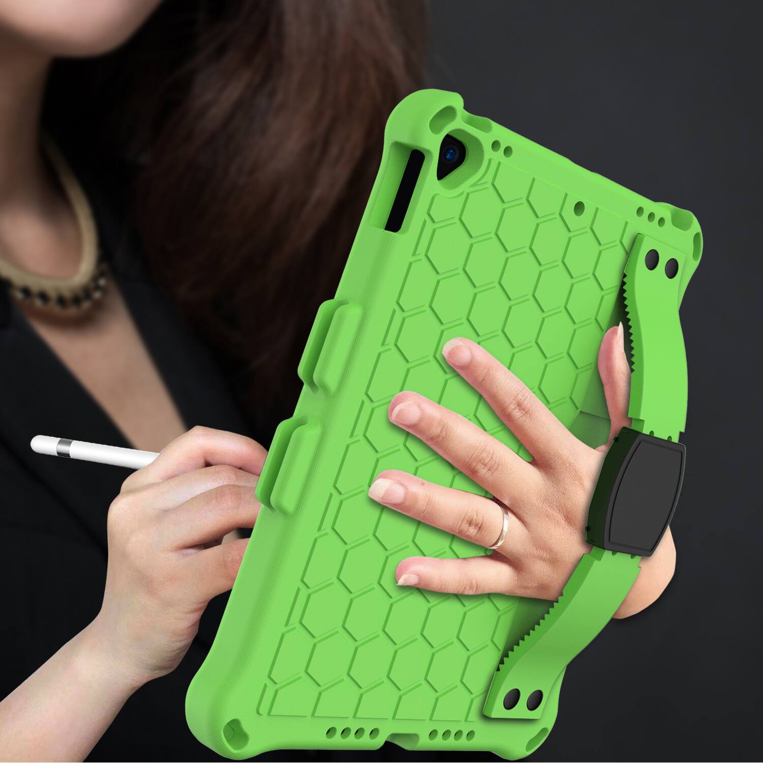 Back. UUCOVER - Kids Case for iPad 9th 8th 7th Gen 10.2-inch (2021/2020/2019) Shockproof EVA+TPU Stand Cover with Shoulder Strap - Green.