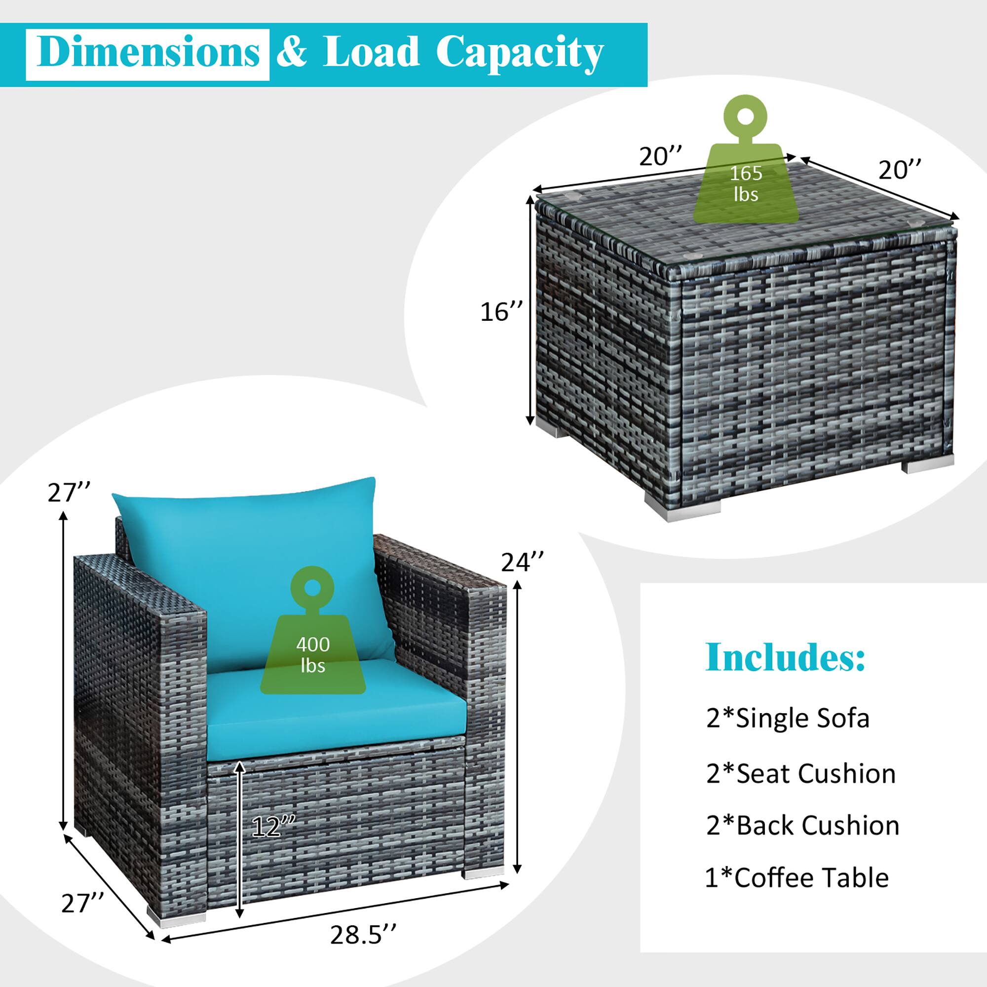 Dimensions & Load Capacity:

* 20" x 16" x 27"
* 20" x 16" x 24"
* 400 lbs

Includes:

* 2 x Single Sofa
* 2 x Seat Cushion
* 2 x Back Cushion
* 1 x Coffee Table