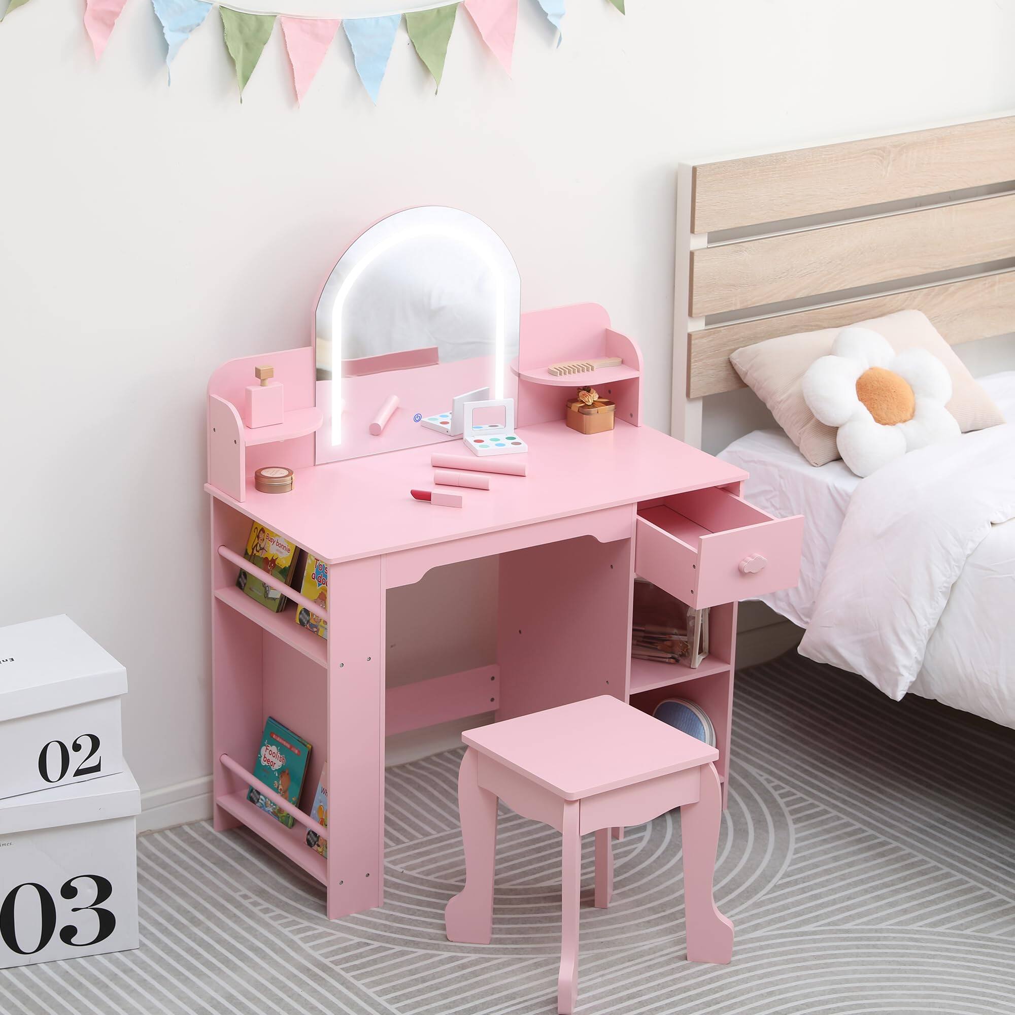 Alt View 4. Jojoka - Kids Vanity with Lighted Mirror & Stool, Girls Makeup Table with Bookshelf, Drawer & Shelves for Ages 3–9 - Pink.