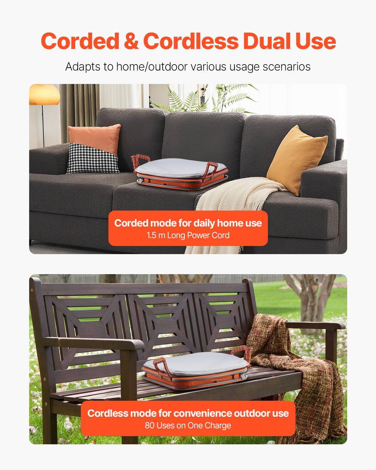 Corded & Cordless Dual Use  
Adapts to home/outdoor various usage scenarios  

Corded mode for daily home use  
1.5 m Long Power Cord  

Cordless mode for convenience outdoor use  
80 Uses on One Charge