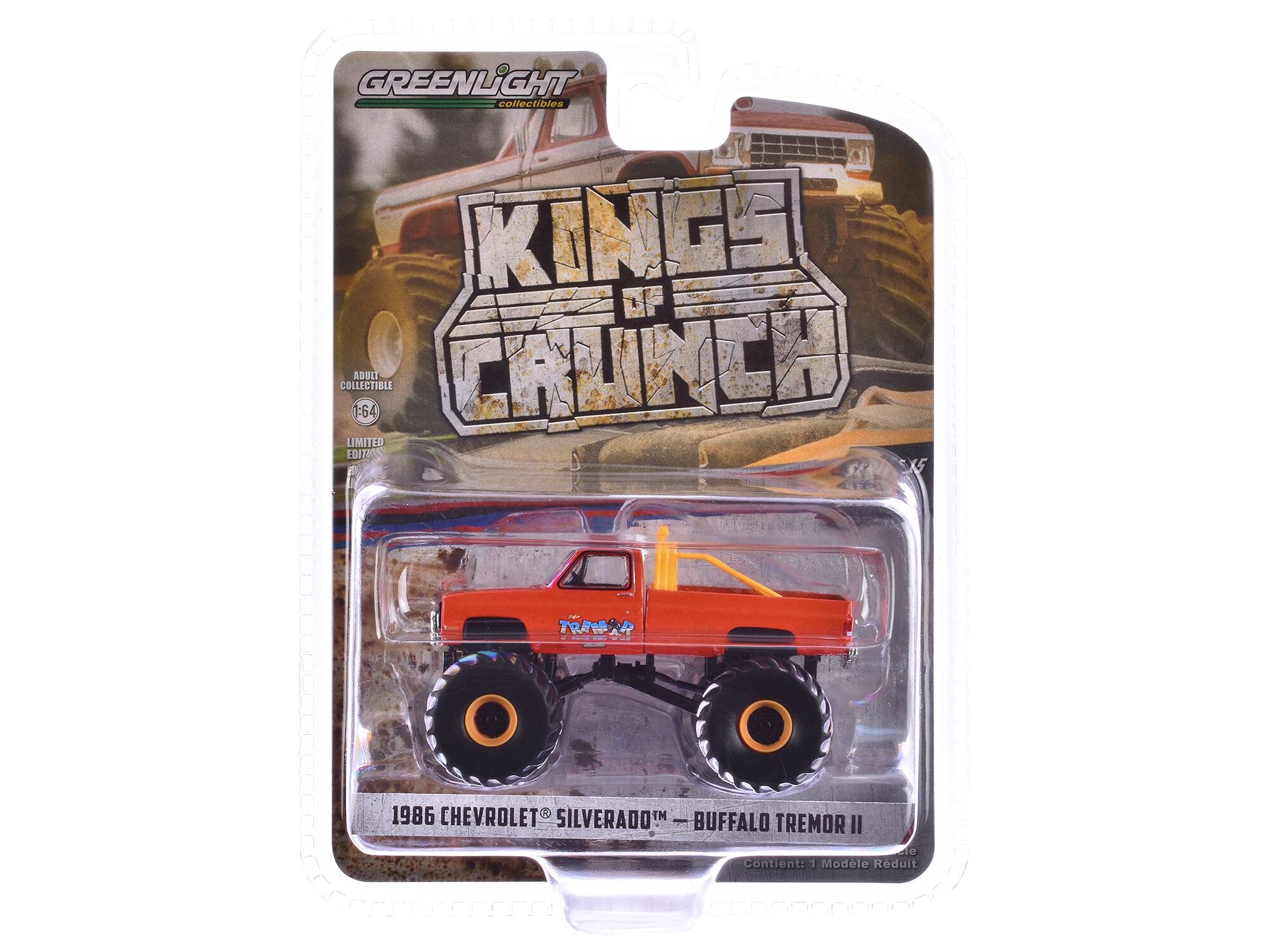 GREENLIGHT collectibles  
KINGS OF CRUNCH  
1:64  
LIMITED EDITION  

1986 CHEVROLET SILVERADO™ - BUFFALO TREMOR II  

Contient: 1 Modèle Réduit