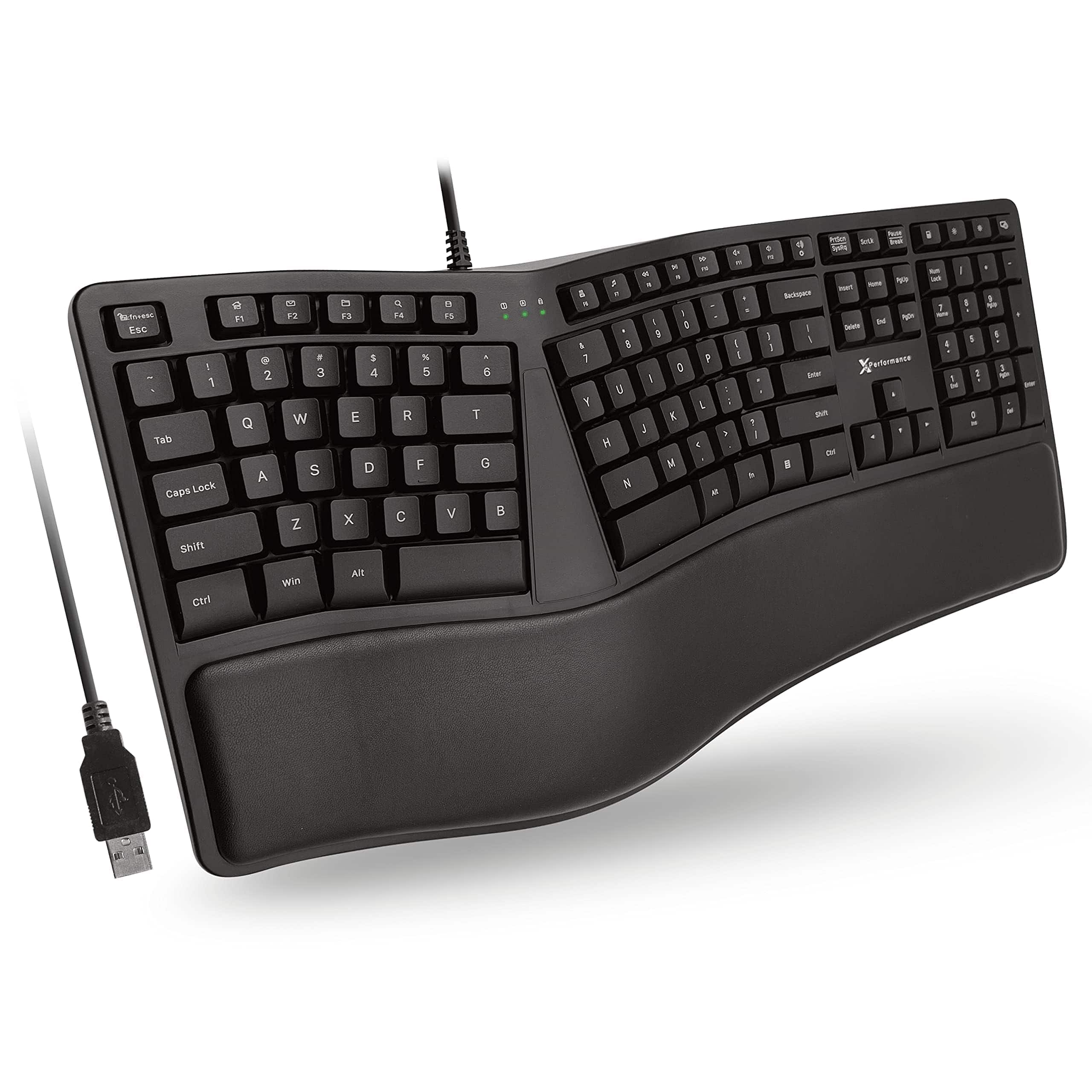 HESVAP - Ergonomic Split Wired Keyboard with Cushioned Wrist Rest, 110 Keys, Numeric Keypad, USB-A - Black