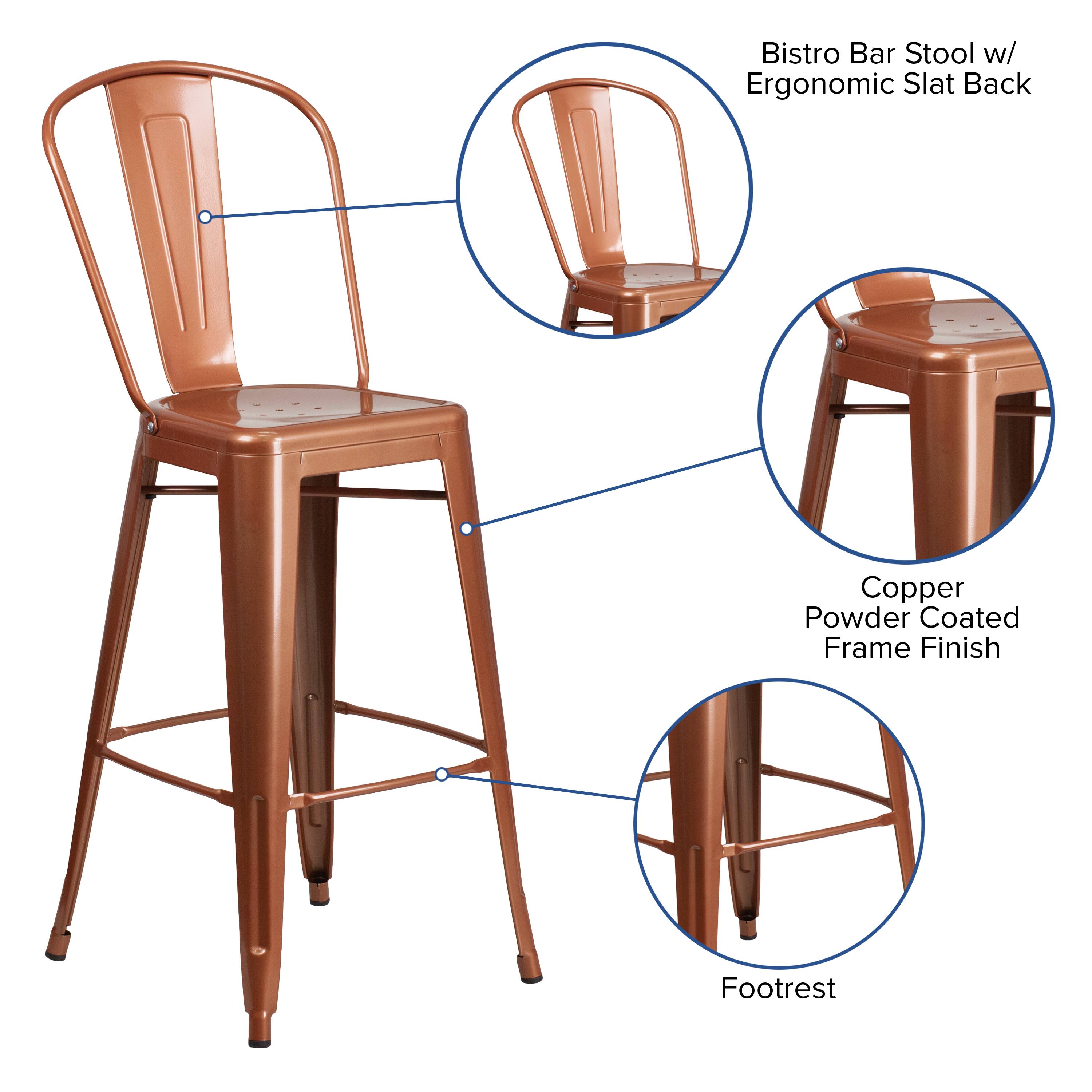 Bistro Bar Stool w/ Ergonomic Slat Back  
Copper Powder Coated Frame Finish  
Footrest
