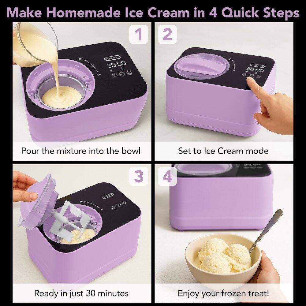 Make Homemade Ice Cream in 4 Quick Steps

1. Pour the mixture into the bowl
2. Set to Ice Cream mode
3. Ready in just 30 minutes
4. Enjoy your frozen treat!