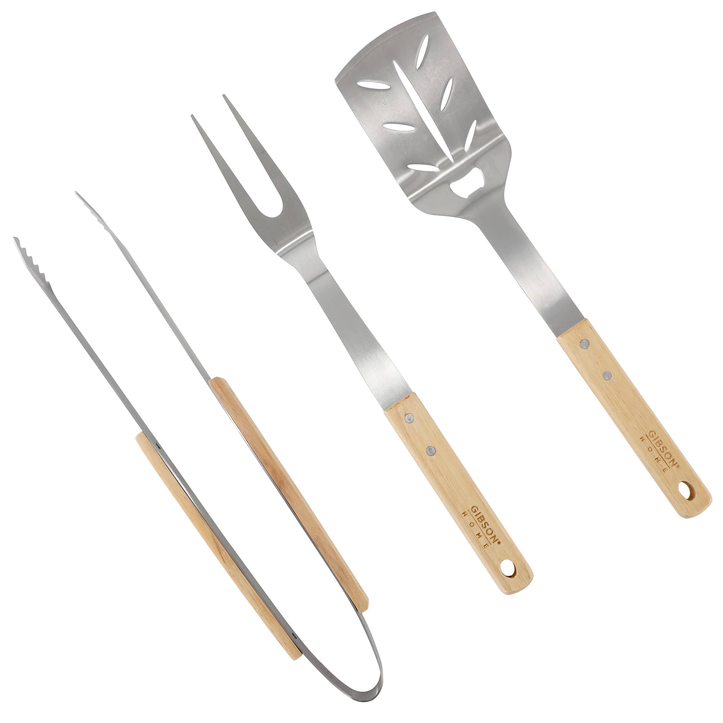 Gibson - Home Barbecue Plus 3 Piece Barbecue Tool Set with Rubberwood Handles - Silver